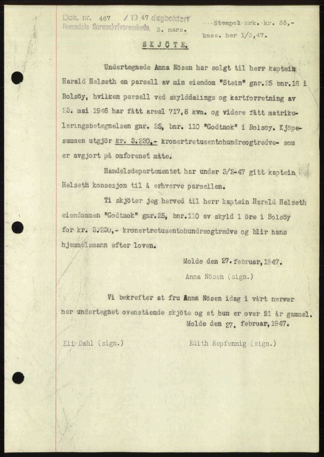 Romsdal sorenskriveri, SAT/A-4149/1/2/2C: Pantebok nr. A22, 1947-1947, Dagboknr: 467/1947