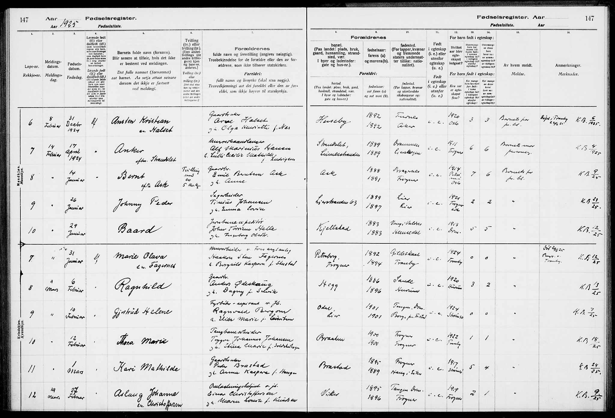 Lier kirkebøker, AV/SAKO-A-230/J/Ja/L0001: Fødselsregister nr. 1, 1916-1928, s. 147