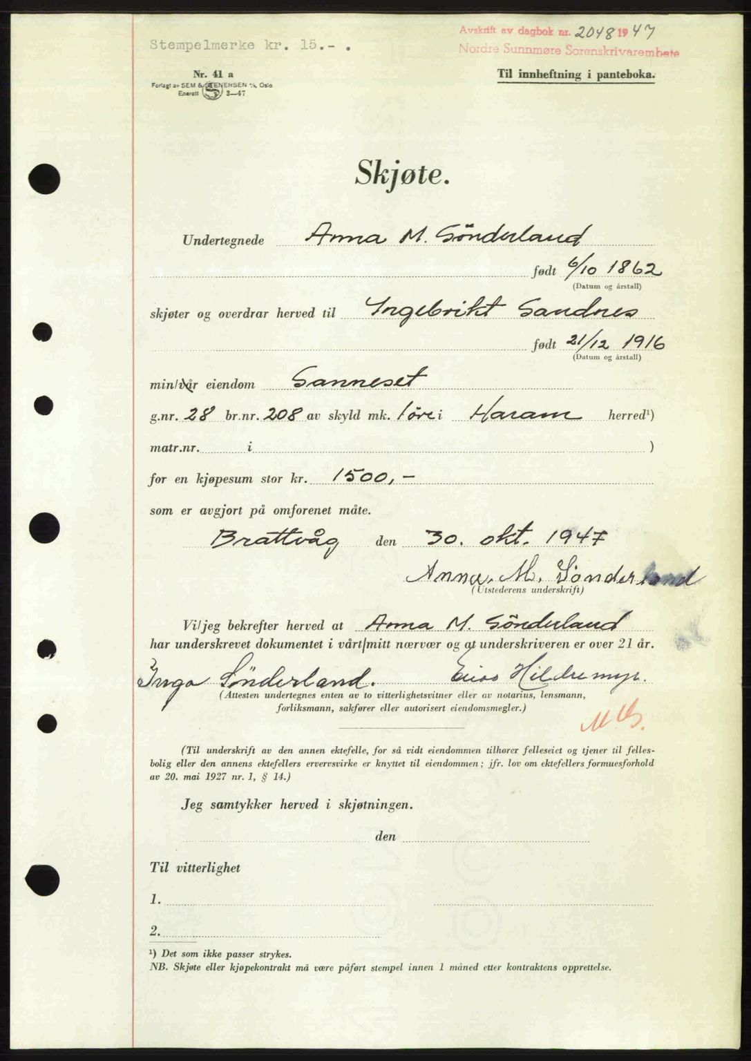 Nordre Sunnmøre sorenskriveri, AV/SAT-A-0006/1/2/2C/2Ca: Pantebok nr. A26, 1947-1948, Dagboknr: 2048/1947