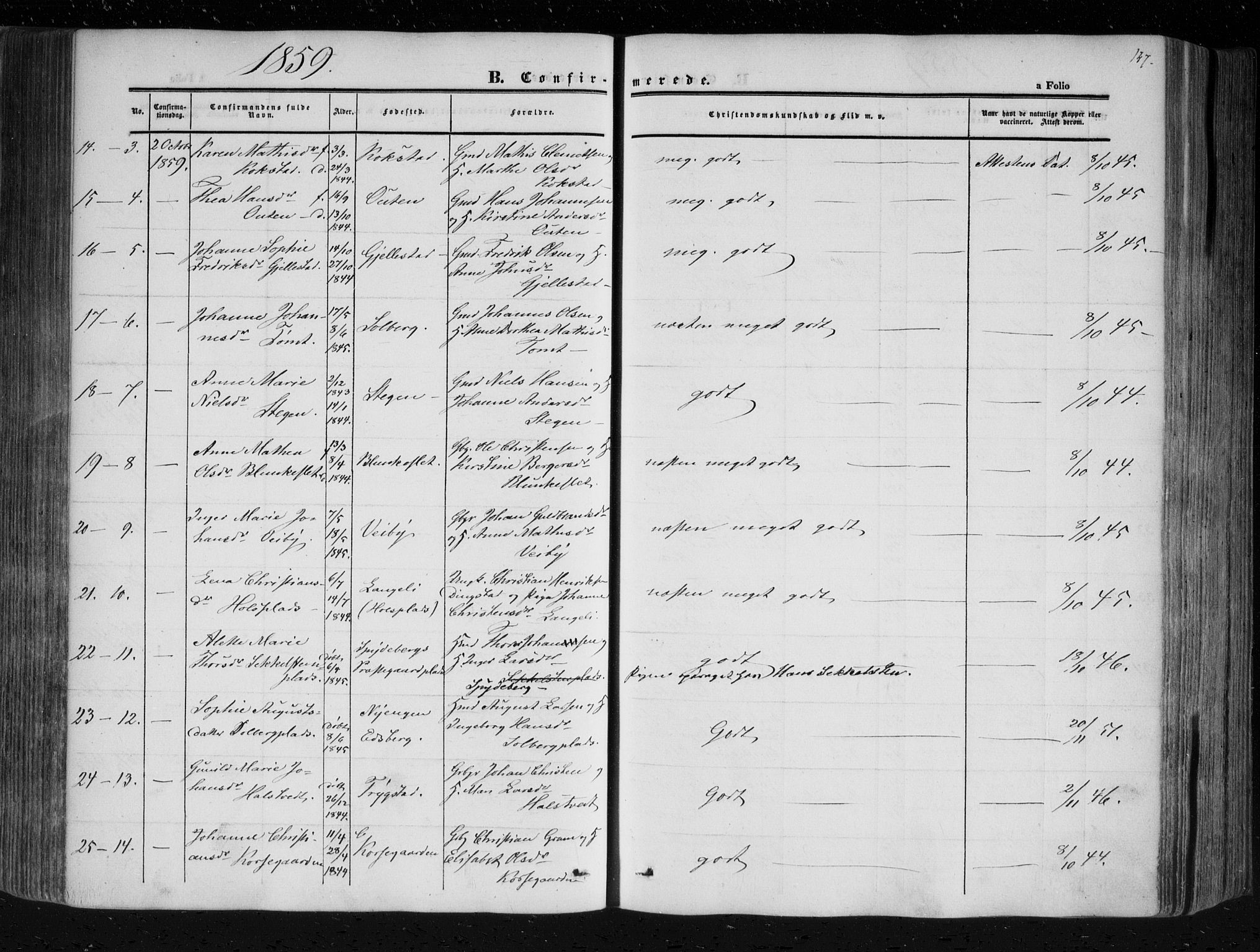 Askim prestekontor Kirkebøker, AV/SAO-A-10900/F/Fa/L0005: Ministerialbok nr. 5, 1847-1879, s. 147