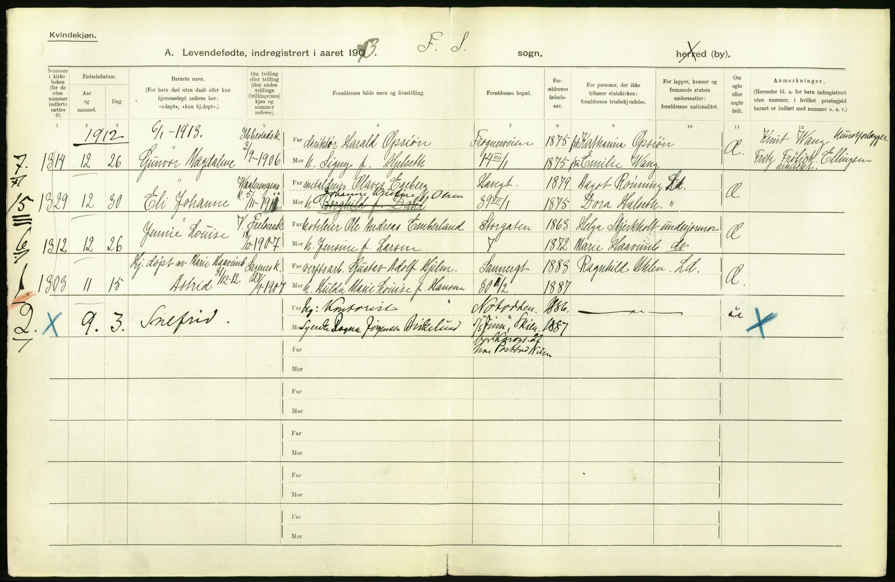 Statistisk sentralbyrå, Sosiodemografiske emner, Befolkning, AV/RA-S-2228/D/Df/Dfb/Dfbc/L0007: Kristiania: Levendefødte menn og kvinner., 1913, s. 304