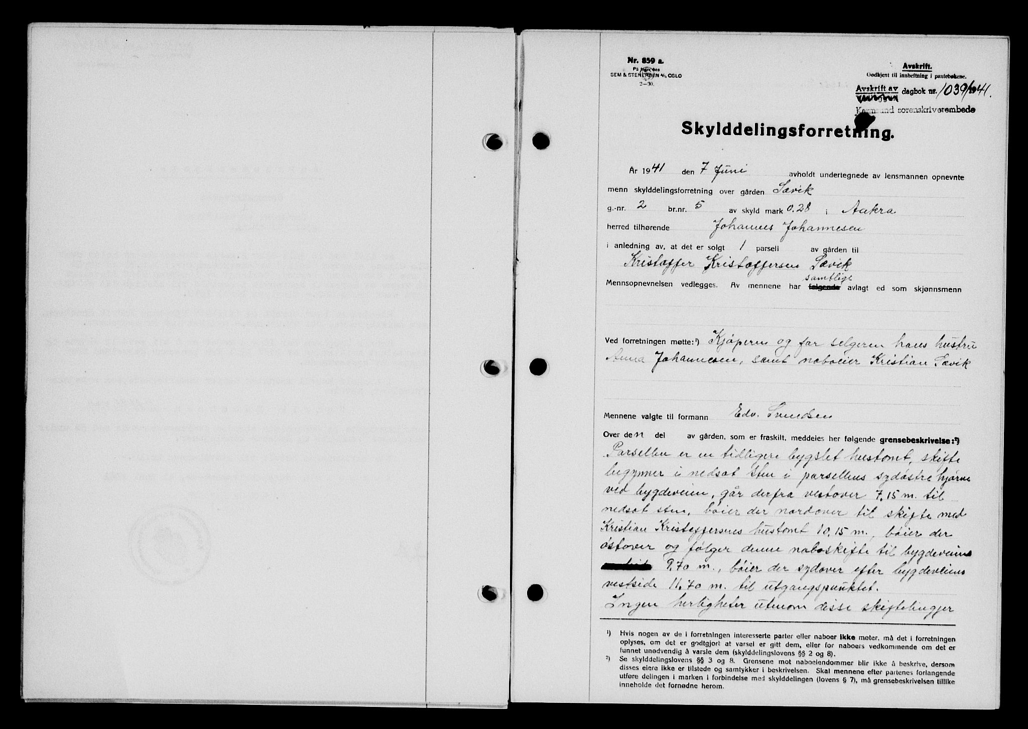 Karmsund sorenskriveri, SAST/A-100311/01/II/IIB/L0075: Pantebok nr. 56A, 1941-1941, Dagboknr: 1039/1941