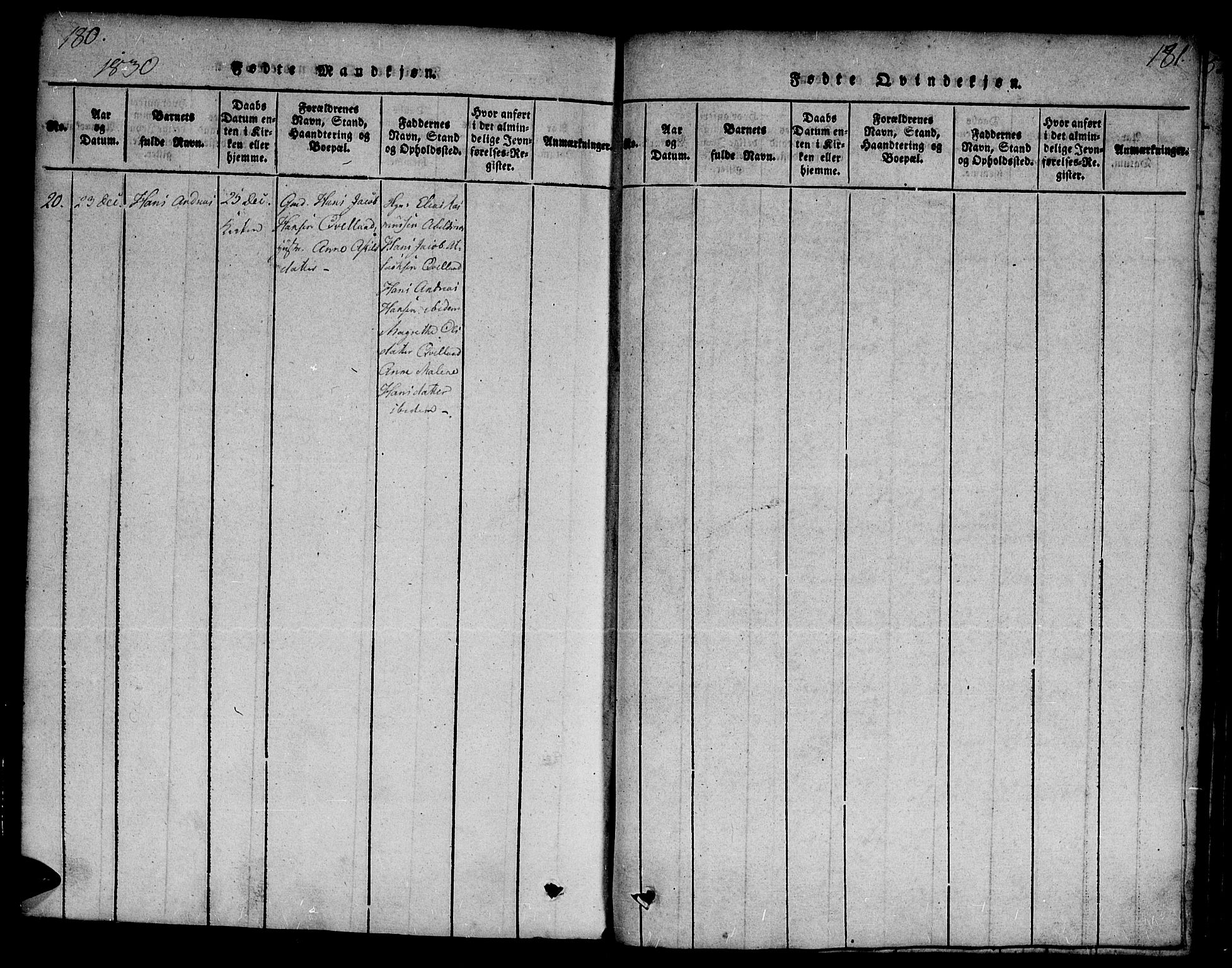 Flekkefjord sokneprestkontor, AV/SAK-1111-0012/F/Fa/Fab/L0003: Ministerialbok nr. A 3, 1815-1830, s. 180-181