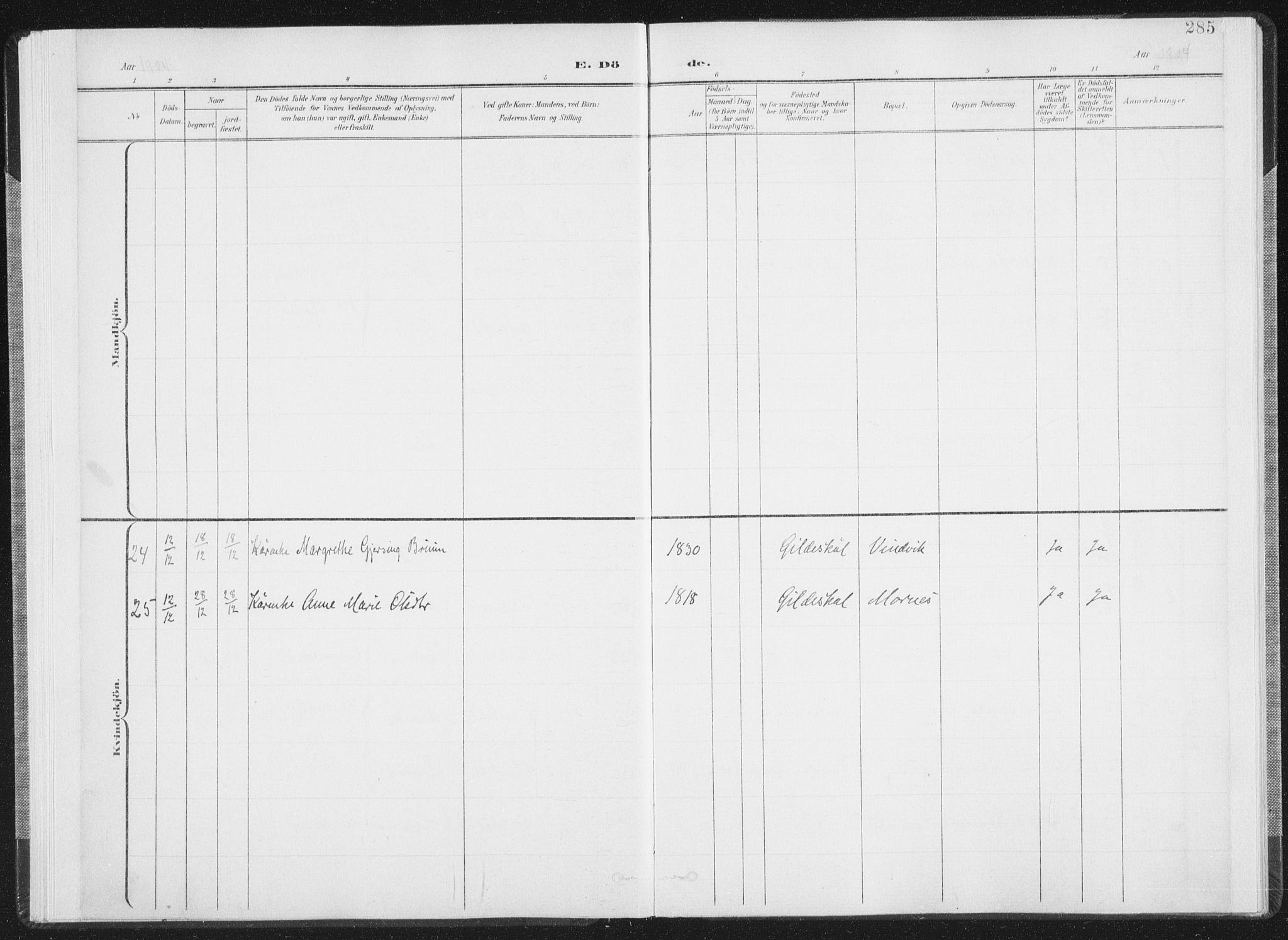 Ministerialprotokoller, klokkerbøker og fødselsregistre - Nordland, AV/SAT-A-1459/805/L0103: Ministerialbok nr. 805A08II, 1900-1909, s. 285