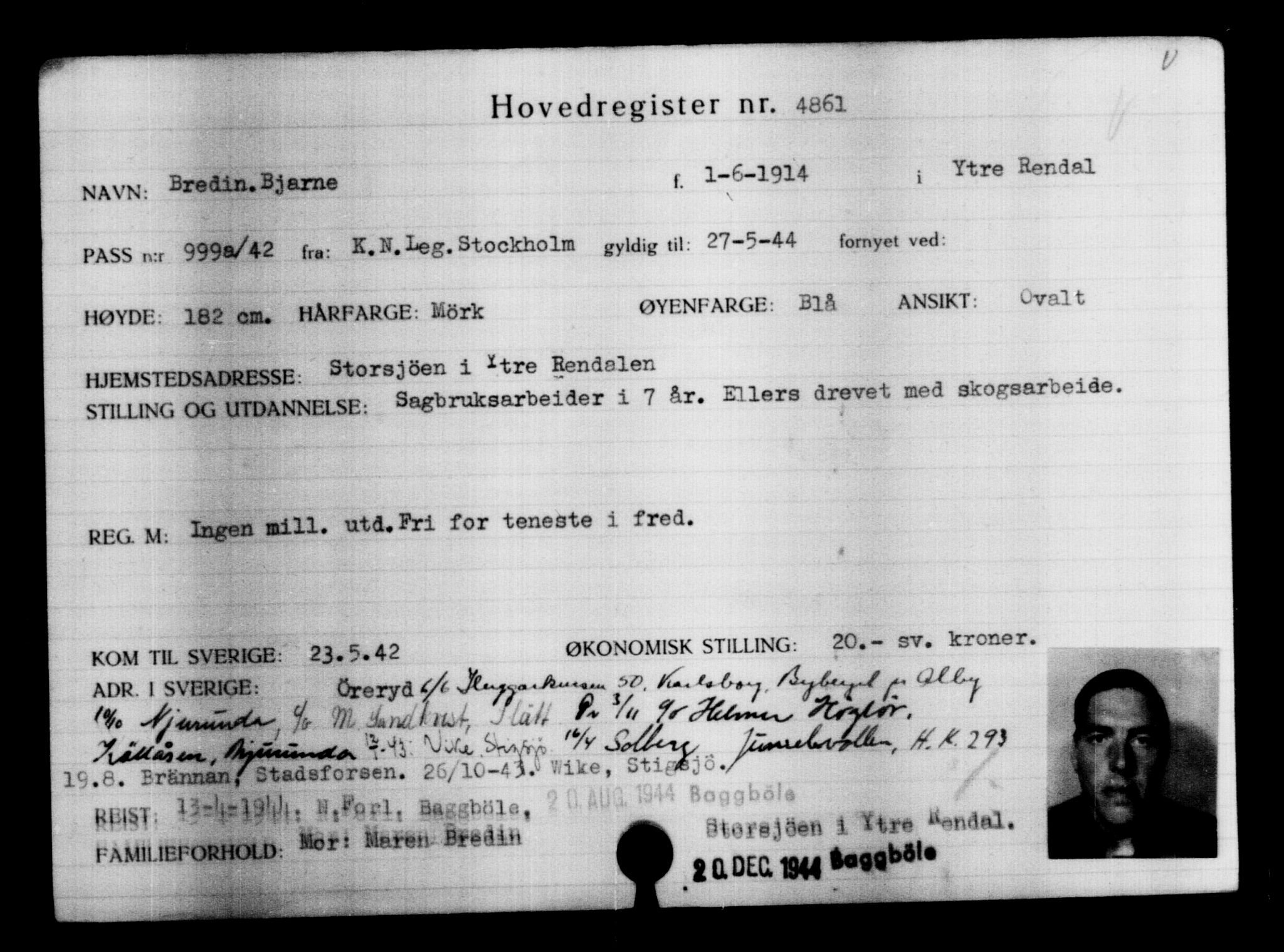 Utenriksstasjonene, Legasjonen i Stockholm, Flyktningkontoret, AV/RA-S-6753/V/Va/L0004: Kjesäterkartoteket, flyktninger med registreringsnr. 3496-6610, 1940-1945, s. 1622