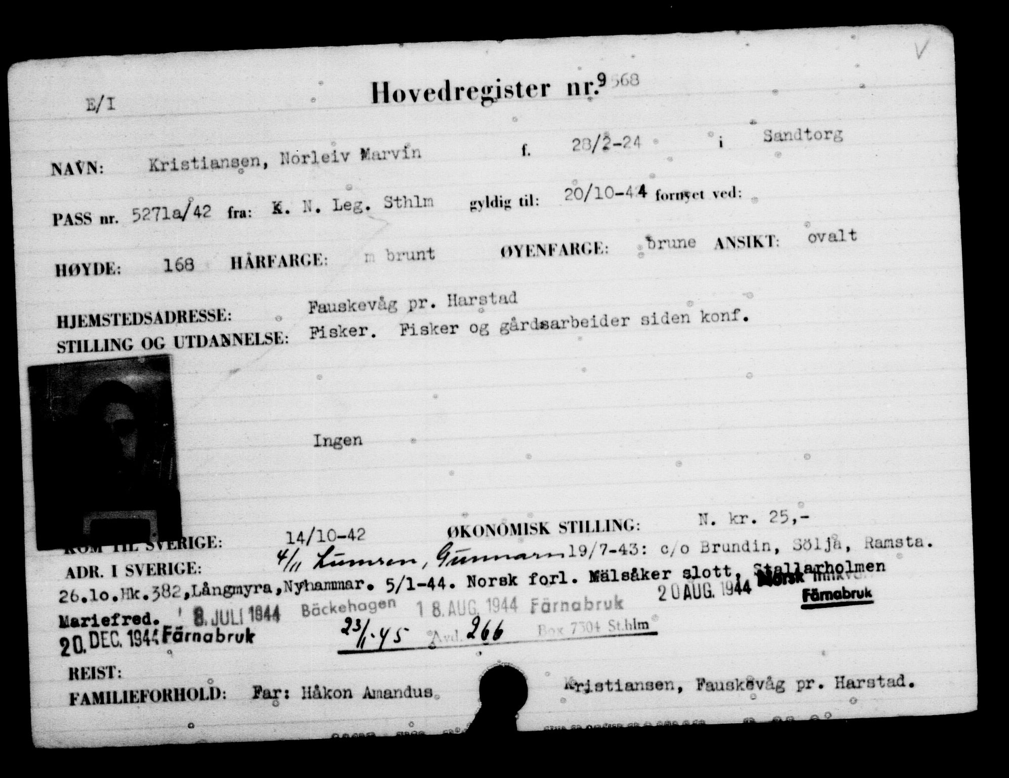 Utenriksstasjonene, Legasjonen i Stockholm, Flyktningkontoret, AV/RA-S-6753/V/Va/L0006: Kjesäterkartoteket, flyktninger med registreringsnr. 9400-12711, 1940-1945, s. 184
