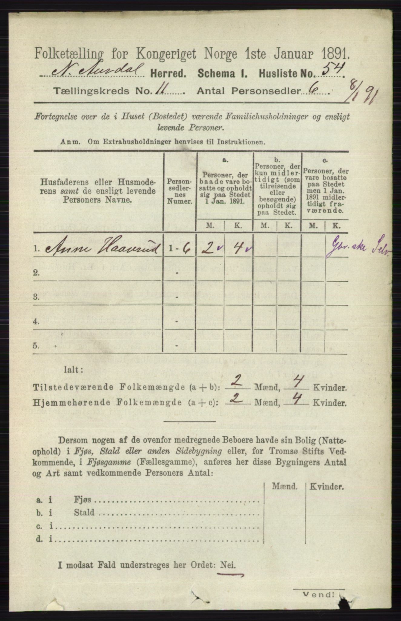 RA, Folketelling 1891 for 0542 Nord-Aurdal herred, 1891, s. 4112