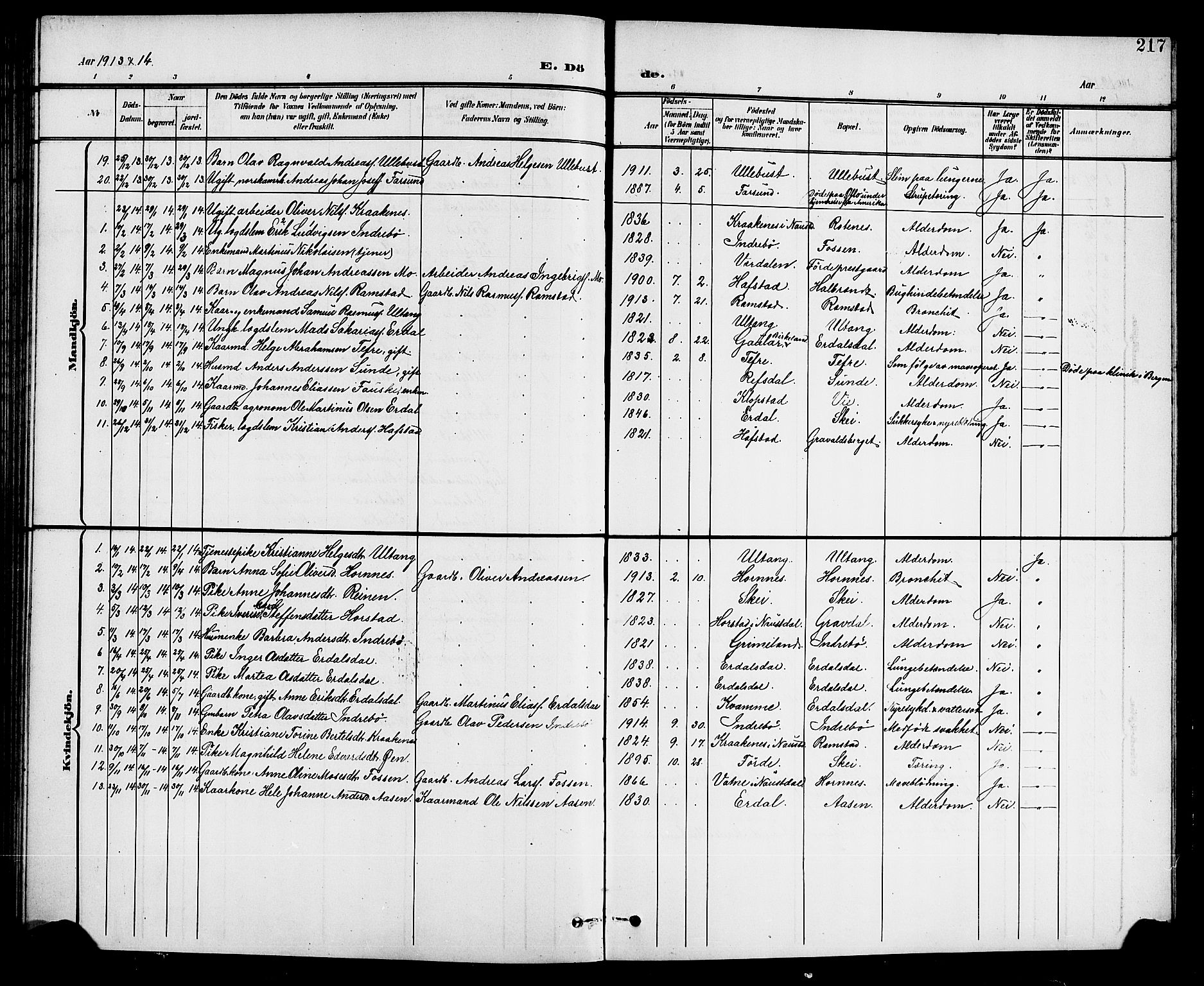 Førde sokneprestembete, AV/SAB-A-79901/H/Hab/Haba/L0003: Klokkerbok nr. A 3, 1899-1924, s. 217