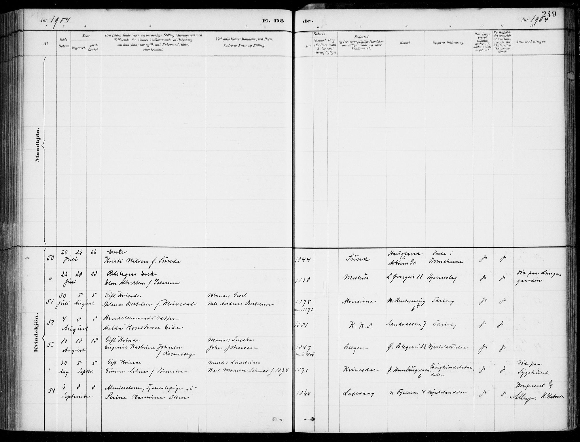 Korskirken sokneprestembete, SAB/A-76101/H/Hab: Klokkerbok nr. E 4, 1884-1910, s. 249