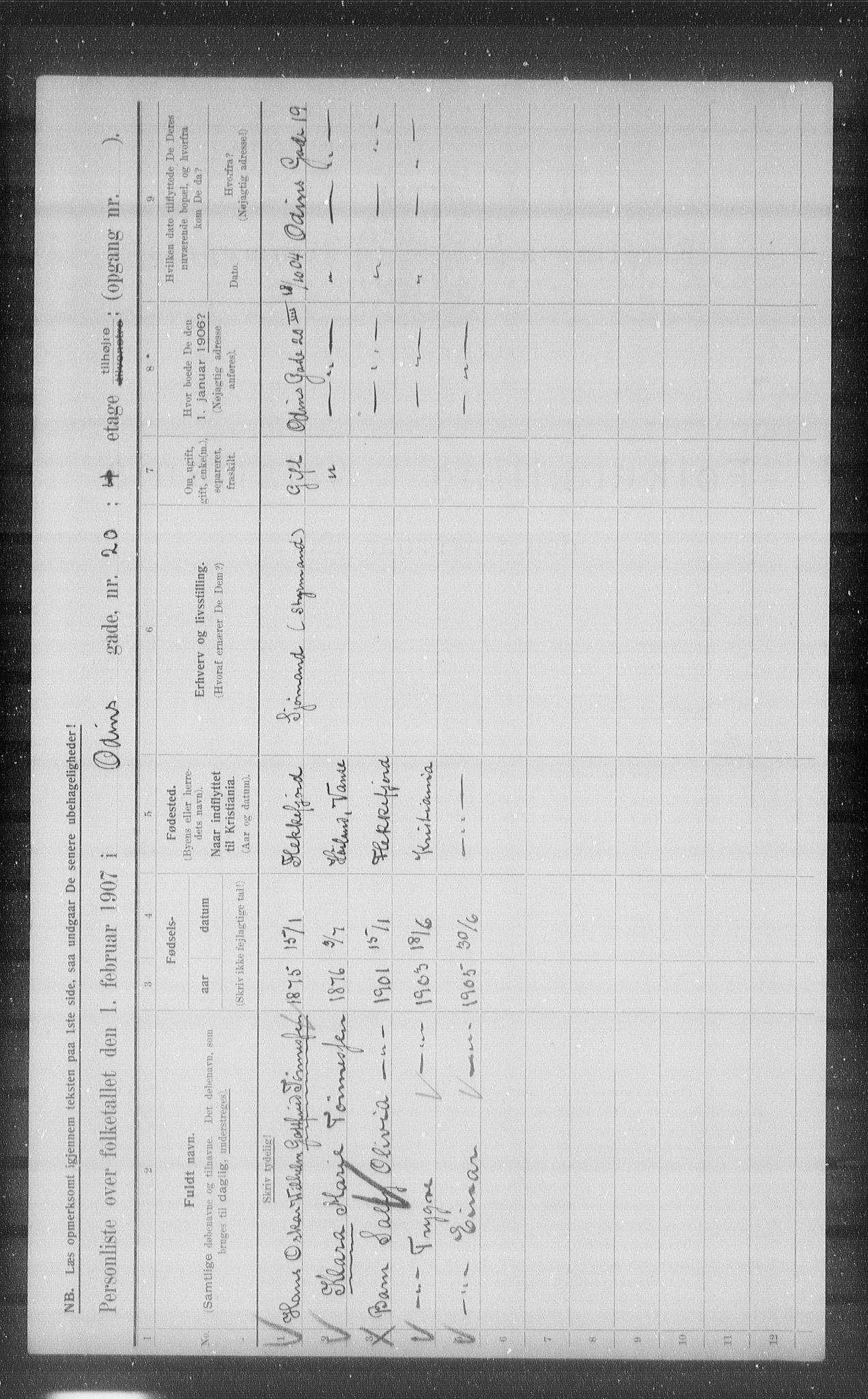OBA, Kommunal folketelling 1.2.1907 for Kristiania kjøpstad, 1907, s. 38437