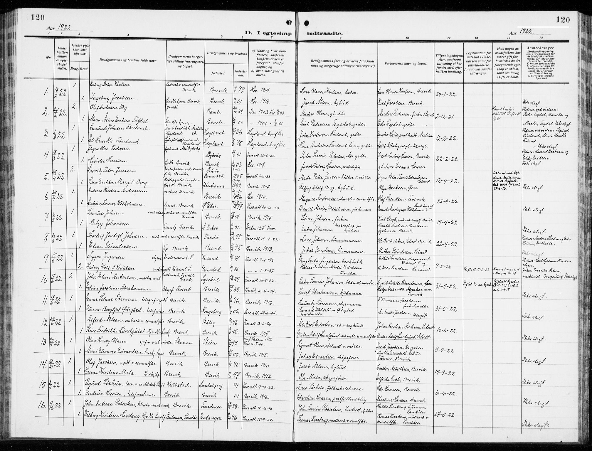 Brevik kirkebøker, AV/SAKO-A-255/G/Ga/L0006: Klokkerbok nr. 6, 1922-1940, s. 120