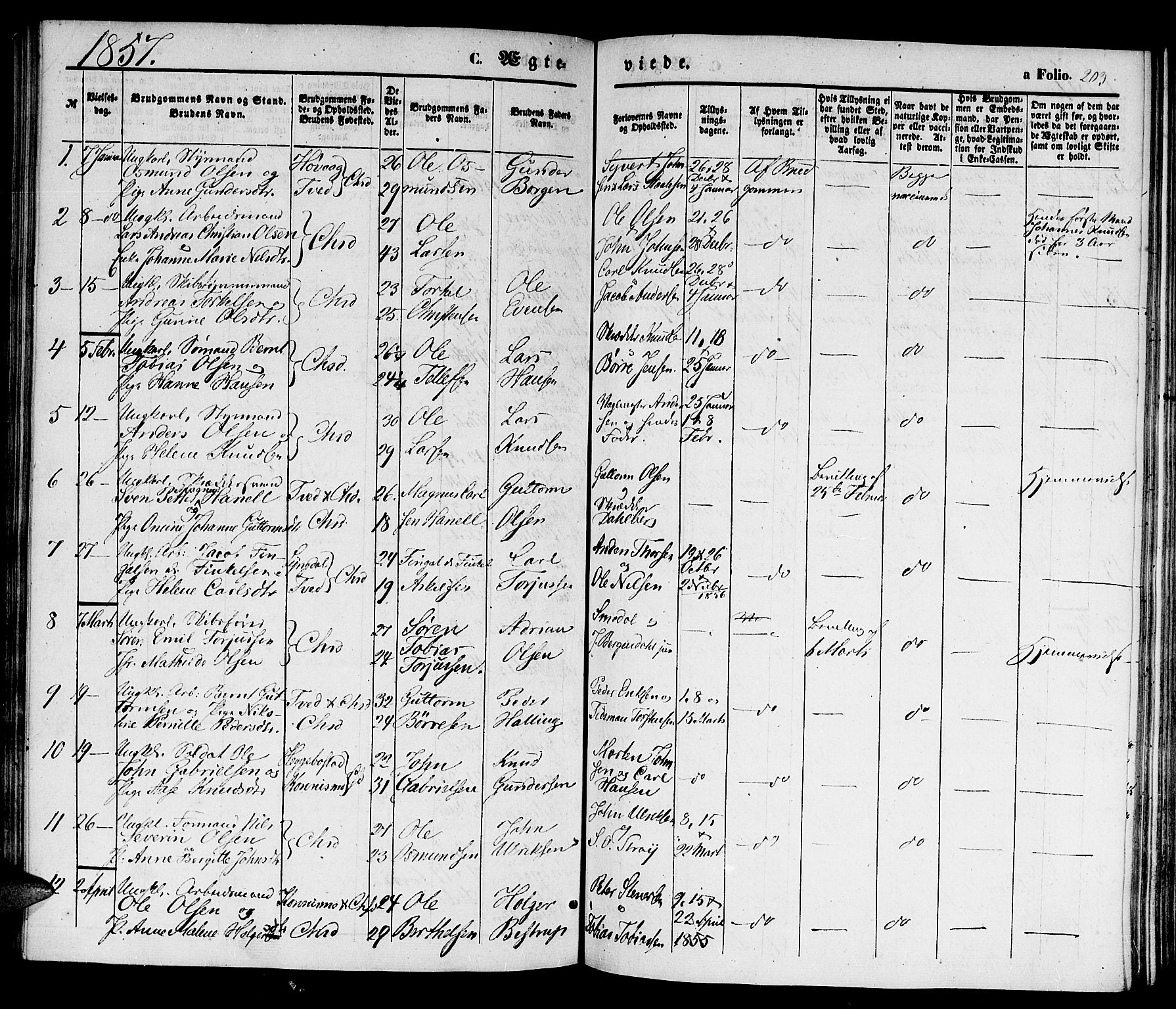Kristiansand domprosti, AV/SAK-1112-0006/F/Fb/L0011: Klokkerbok nr. B 11, 1851-1861, s. 203