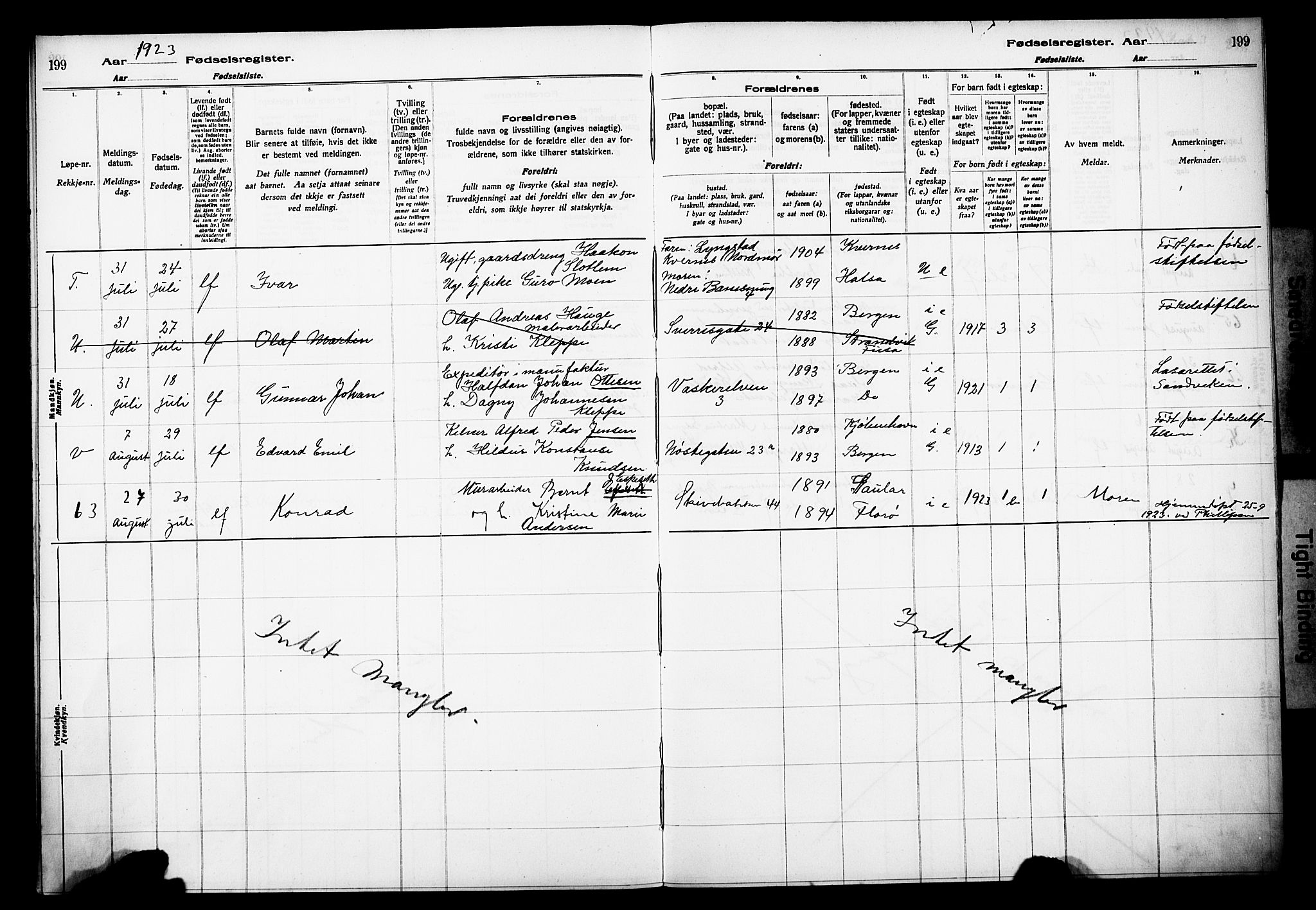 Domkirken sokneprestembete, AV/SAB-A-74801/I/Id/L00A1: Fødselsregister nr. A 1, 1916-1923, s. 199