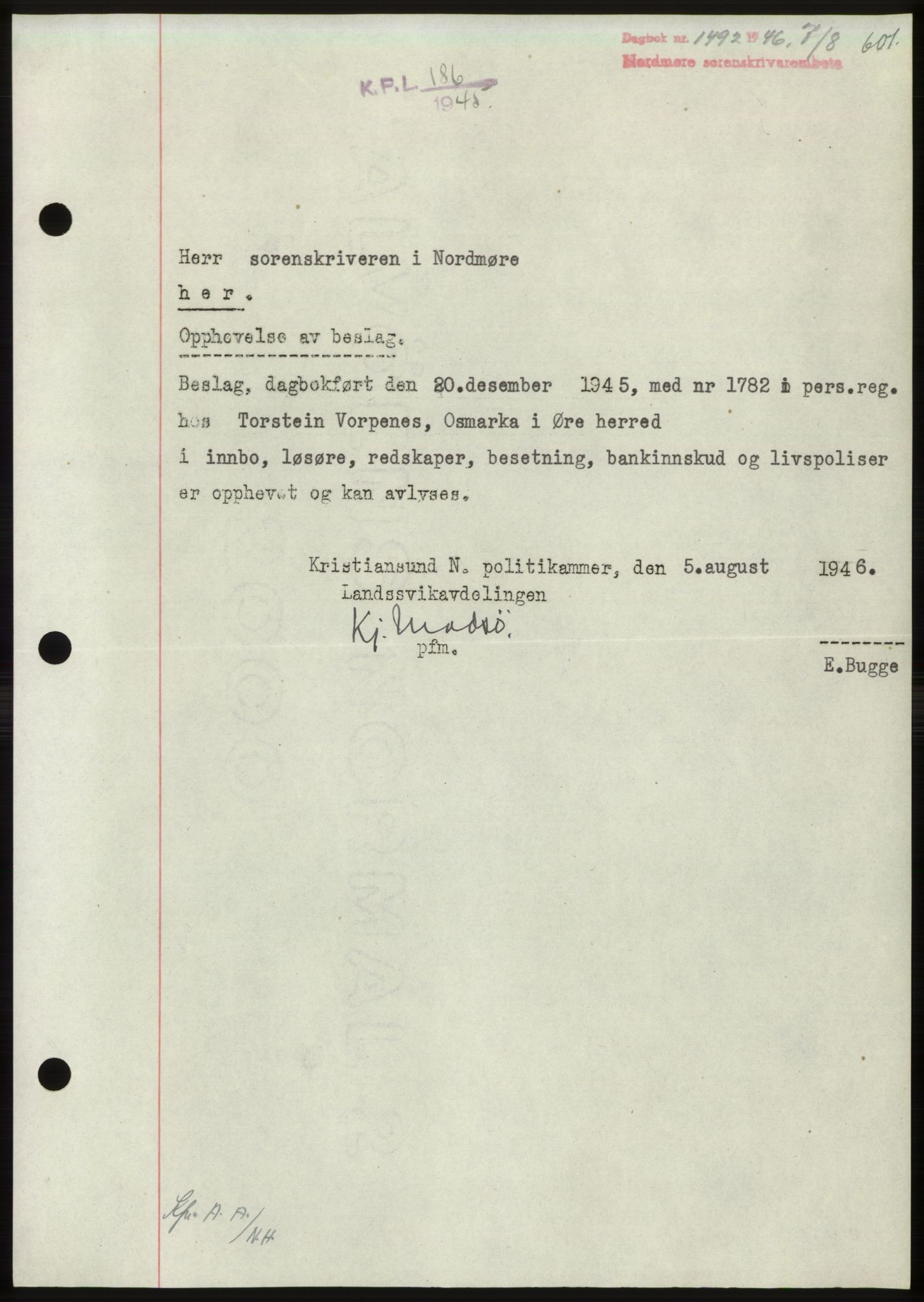 Nordmøre sorenskriveri, SAT/A-4132/1/2/2Ca: Pantebok nr. B94, 1946-1946, Dagboknr: 1492/1946