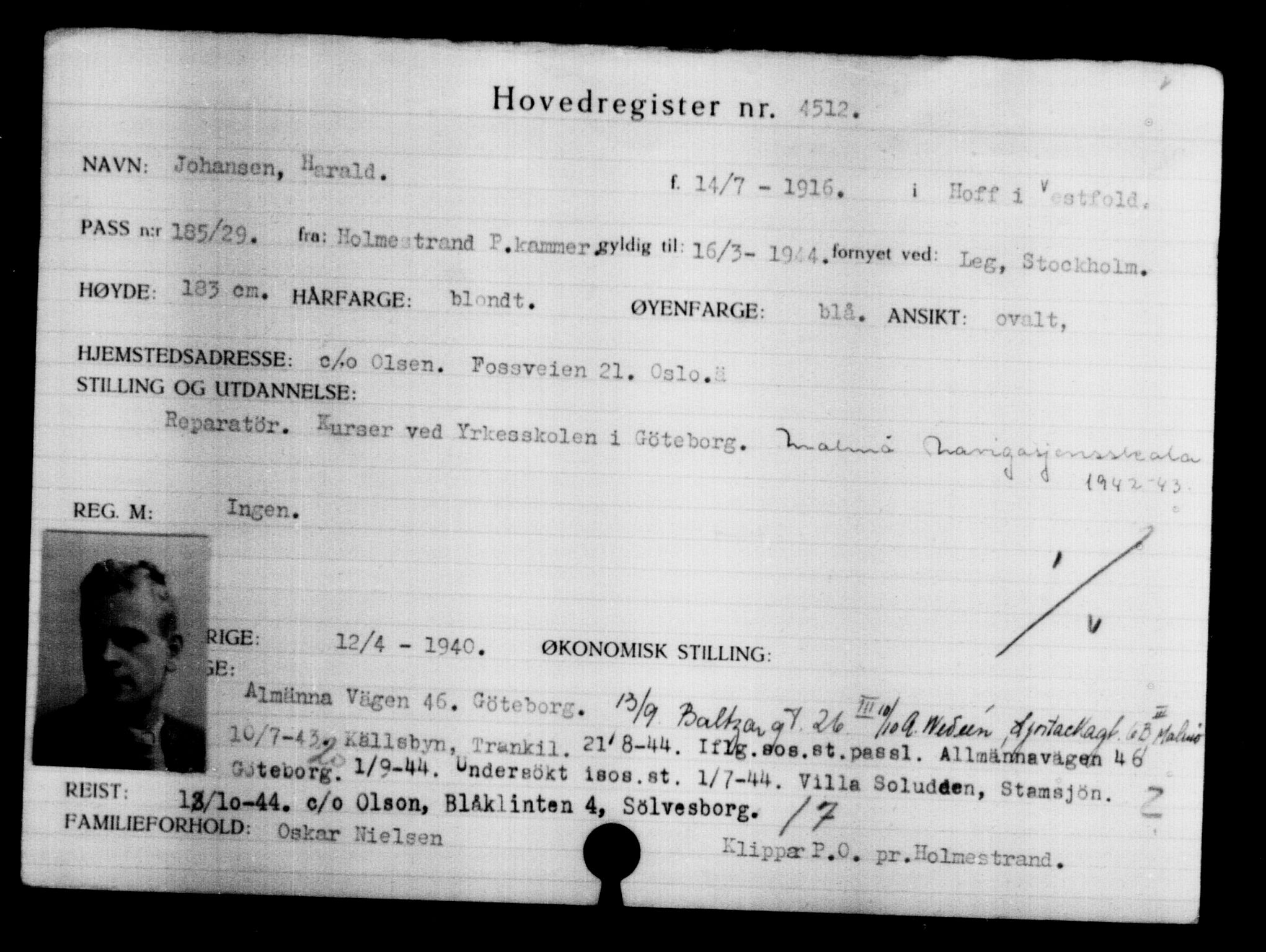 Utenriksstasjonene, Legasjonen i Stockholm, Flyktningkontoret, AV/RA-S-6753/V/Va/L0004: Kjesäterkartoteket, flyktninger med registreringsnr. 3496-6610, 1940-1945, s. 1219