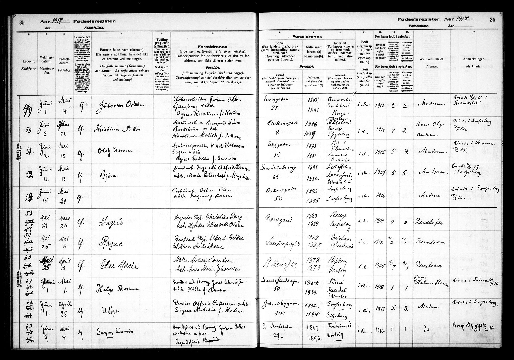 Sarpsborg prestekontor Kirkebøker, AV/SAO-A-2006/J/Ja/L0001: Fødselsregister nr. 1, 1916-1922, s. 35