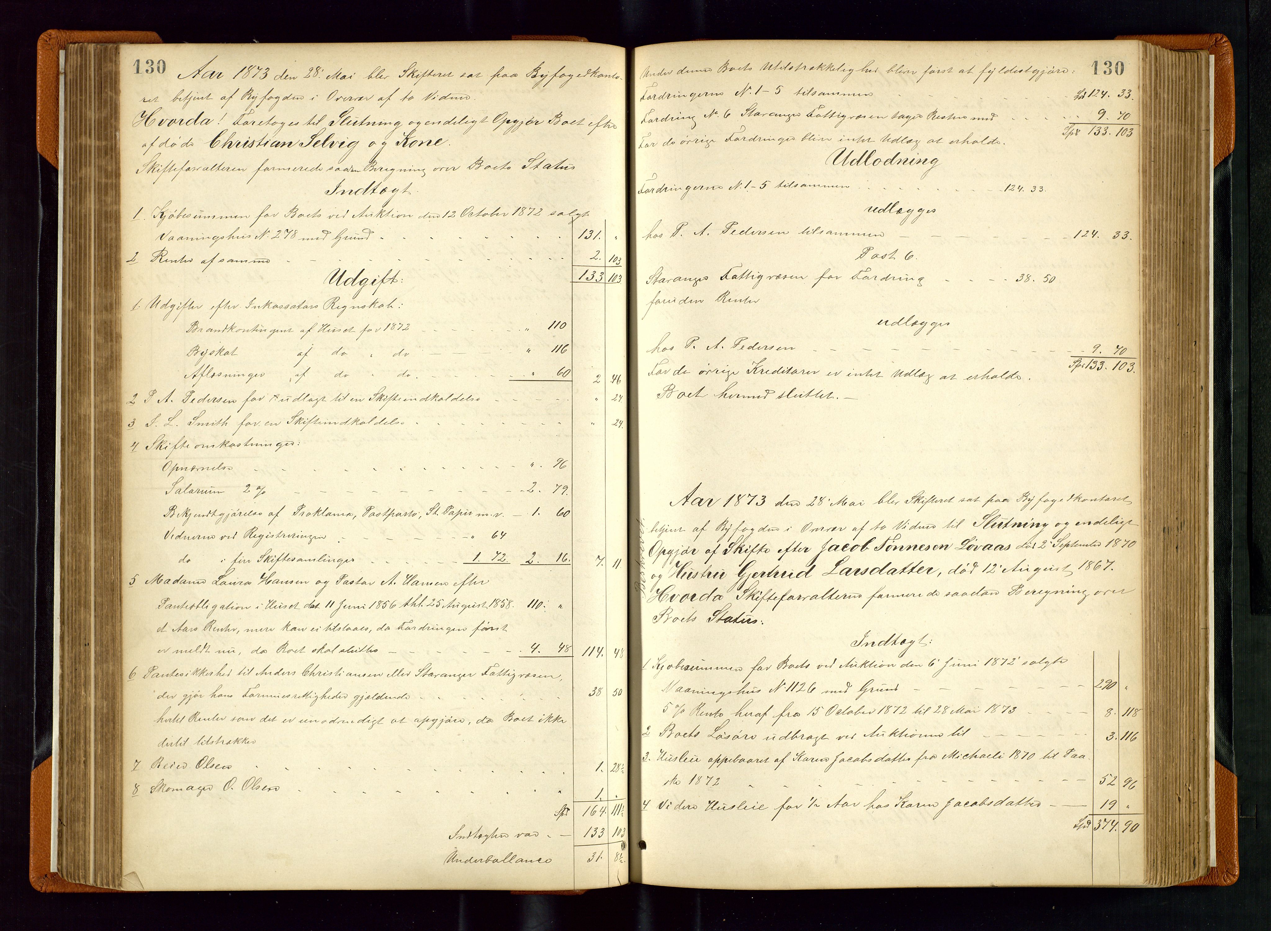 Stavanger byfogd, AV/SAST-A-101408/001/5/50/503BD/L0002: Skifteutlodningsprotokoll, 1871-1878, s. 130