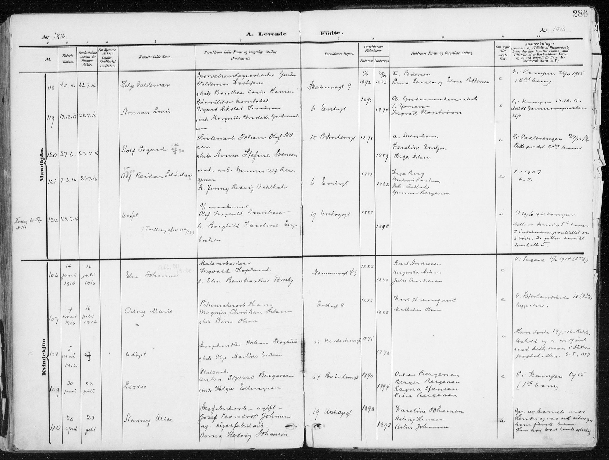Kampen prestekontor Kirkebøker, AV/SAO-A-10853/F/Fa/L0010: Ministerialbok nr. I 10, 1905-1917, s. 286