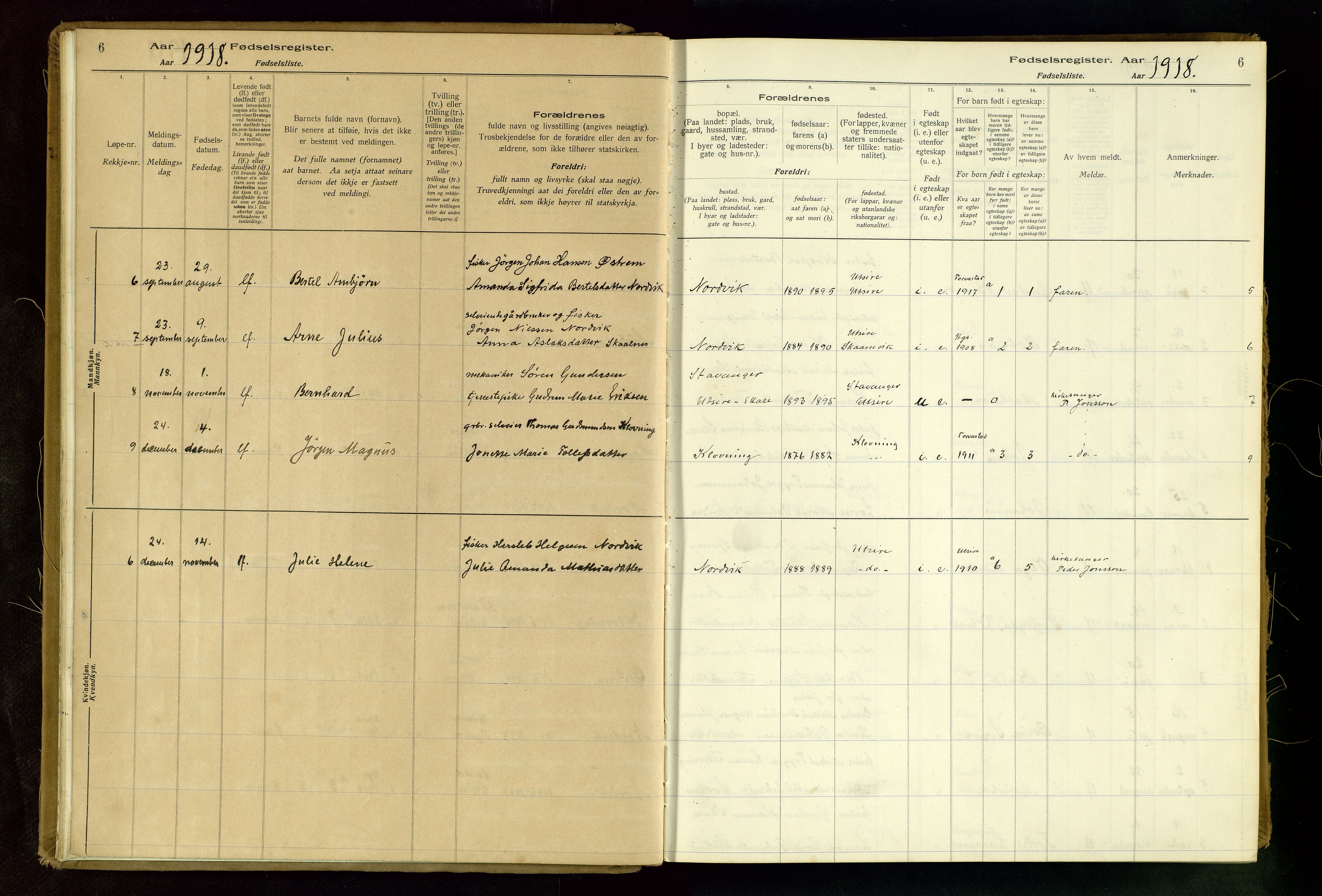 Torvastad sokneprestkontor, AV/SAST-A -101857/I/Id/L0001: Fødselsregister nr. 1, 1916-1982, s. 6