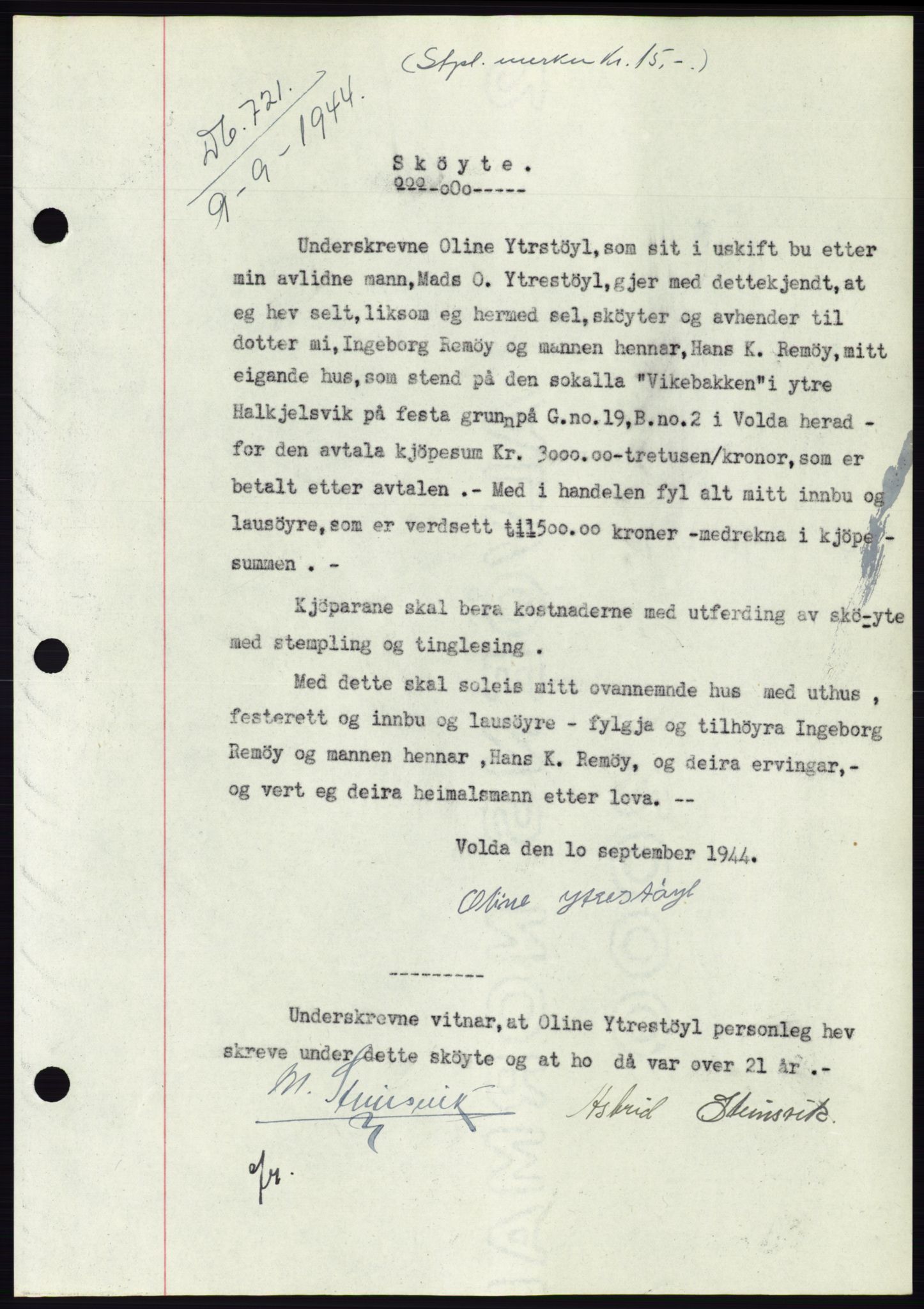 Søre Sunnmøre sorenskriveri, SAT/A-4122/1/2/2C/L0076: Pantebok nr. 2A, 1943-1944, Dagboknr: 721/1944