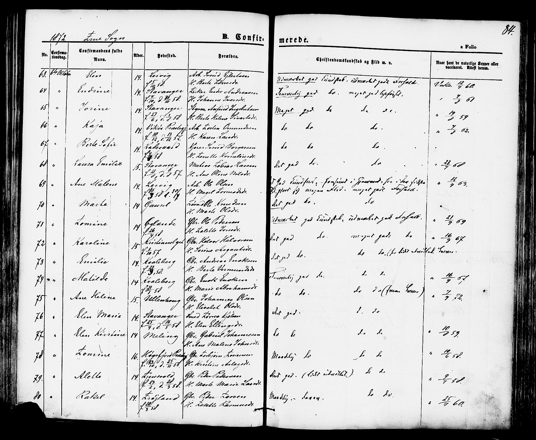 Hetland sokneprestkontor, AV/SAST-A-101826/30/30BA/L0004: Ministerialbok nr. A 4, 1862-1881, s. 84