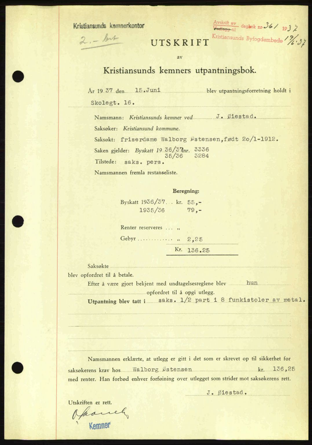 Kristiansund byfogd, AV/SAT-A-4587/A/27: Pantebok nr. 29, 1936-1937, Dagboknr: 361/1937