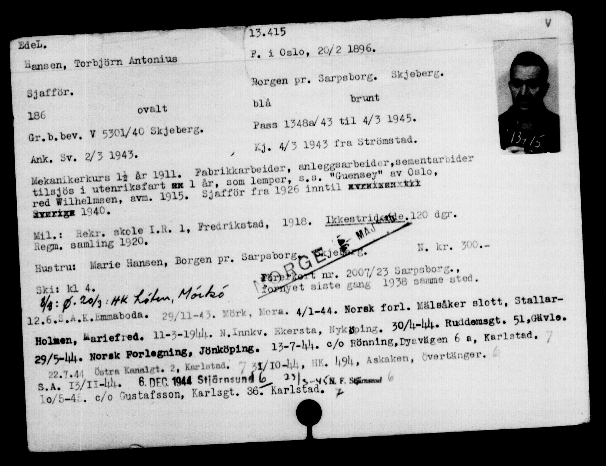 Den Kgl. Norske Legasjons Flyktningskontor, AV/RA-S-6753/V/Va/L0007: Kjesäterkartoteket.  Flyktningenr. 12700-15723, 1940-1945, s. 819