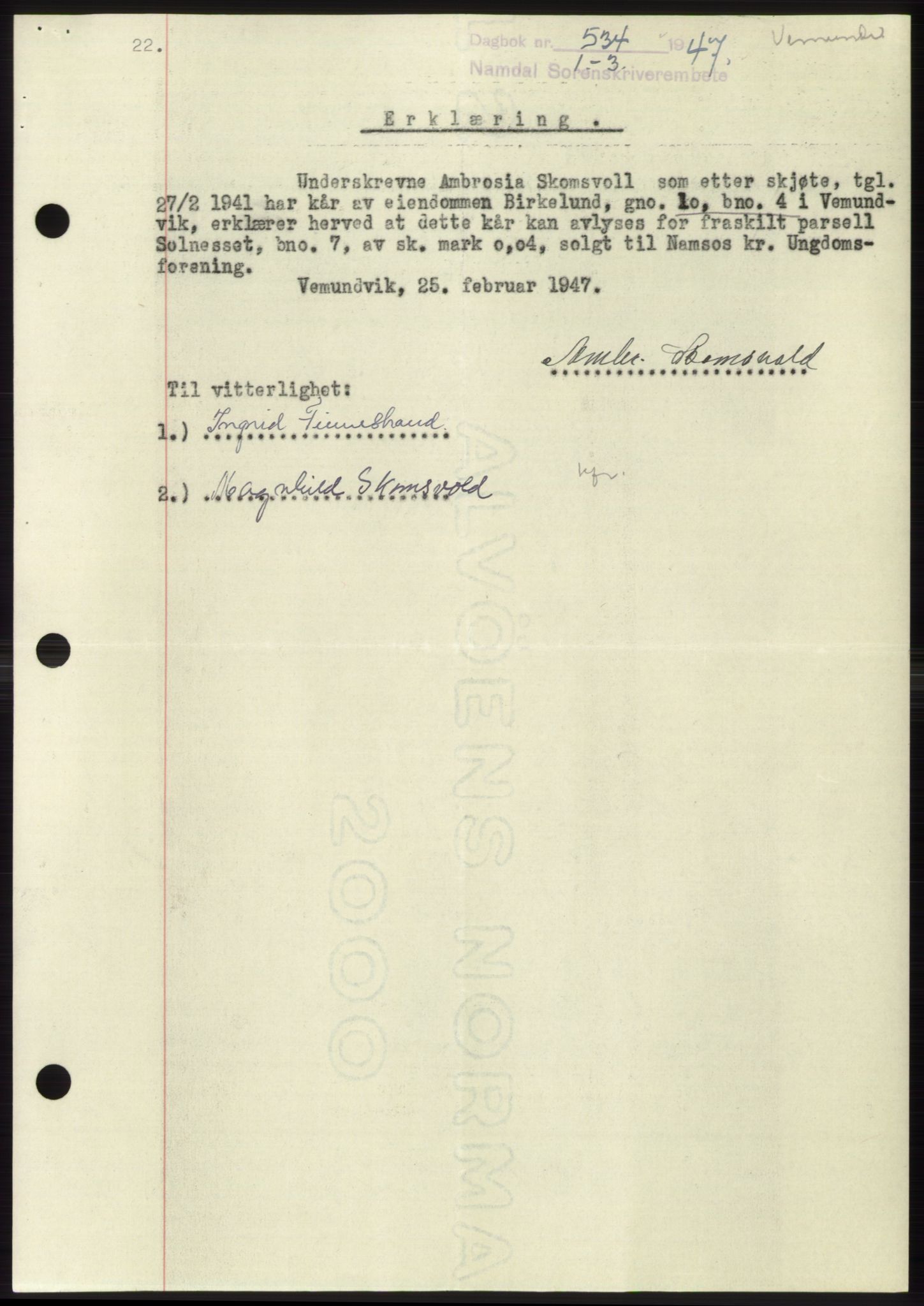 Namdal sorenskriveri, SAT/A-4133/1/2/2C: Pantebok nr. -, 1946-1947, Dagboknr: 534/534
