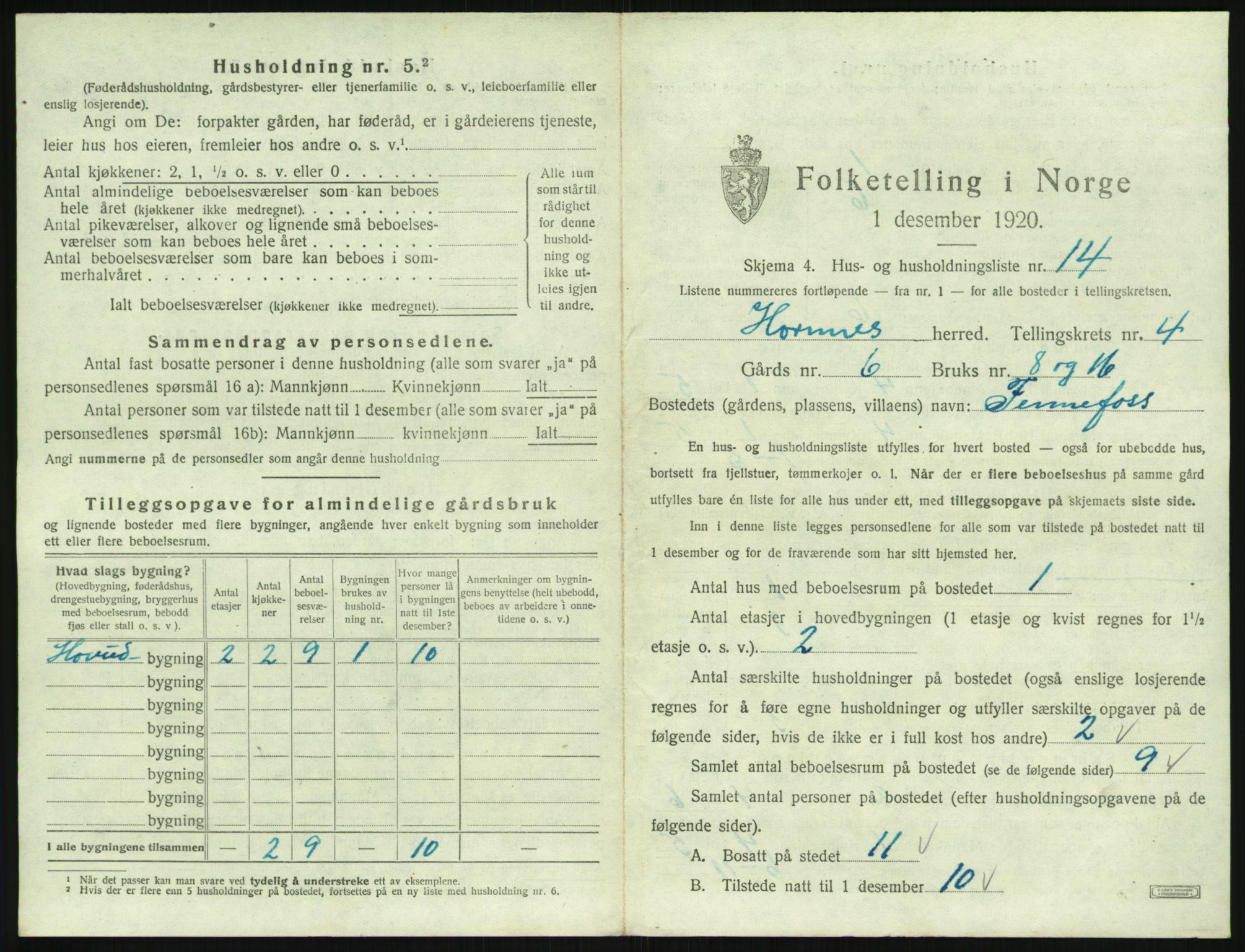 SAK, Folketelling 1920 for 0936 Hornnes herred, 1920, s. 199