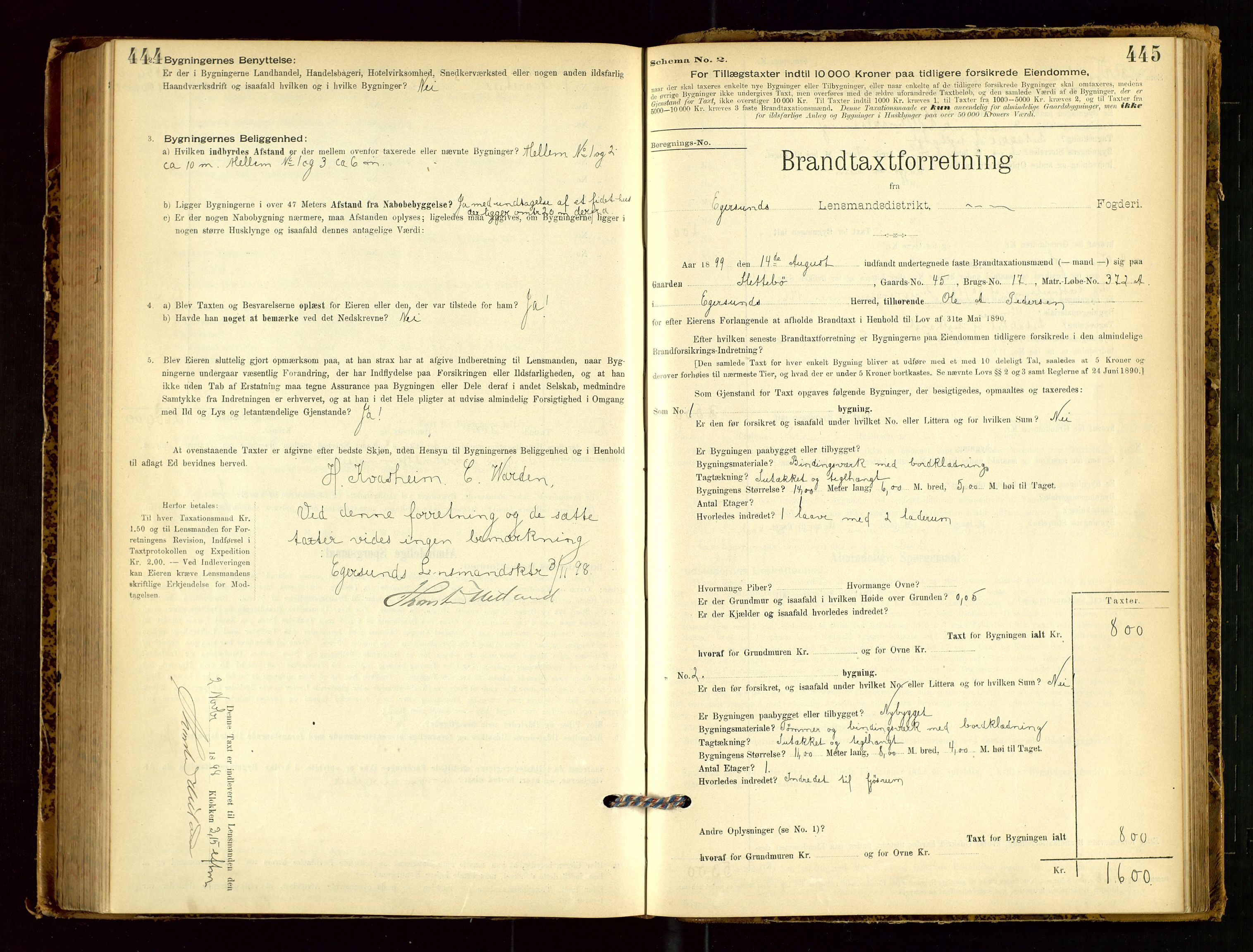 Eigersund lensmannskontor, SAST/A-100171/Gob/L0001: Skjemaprotokoll, 1894-1909, s. 444-445