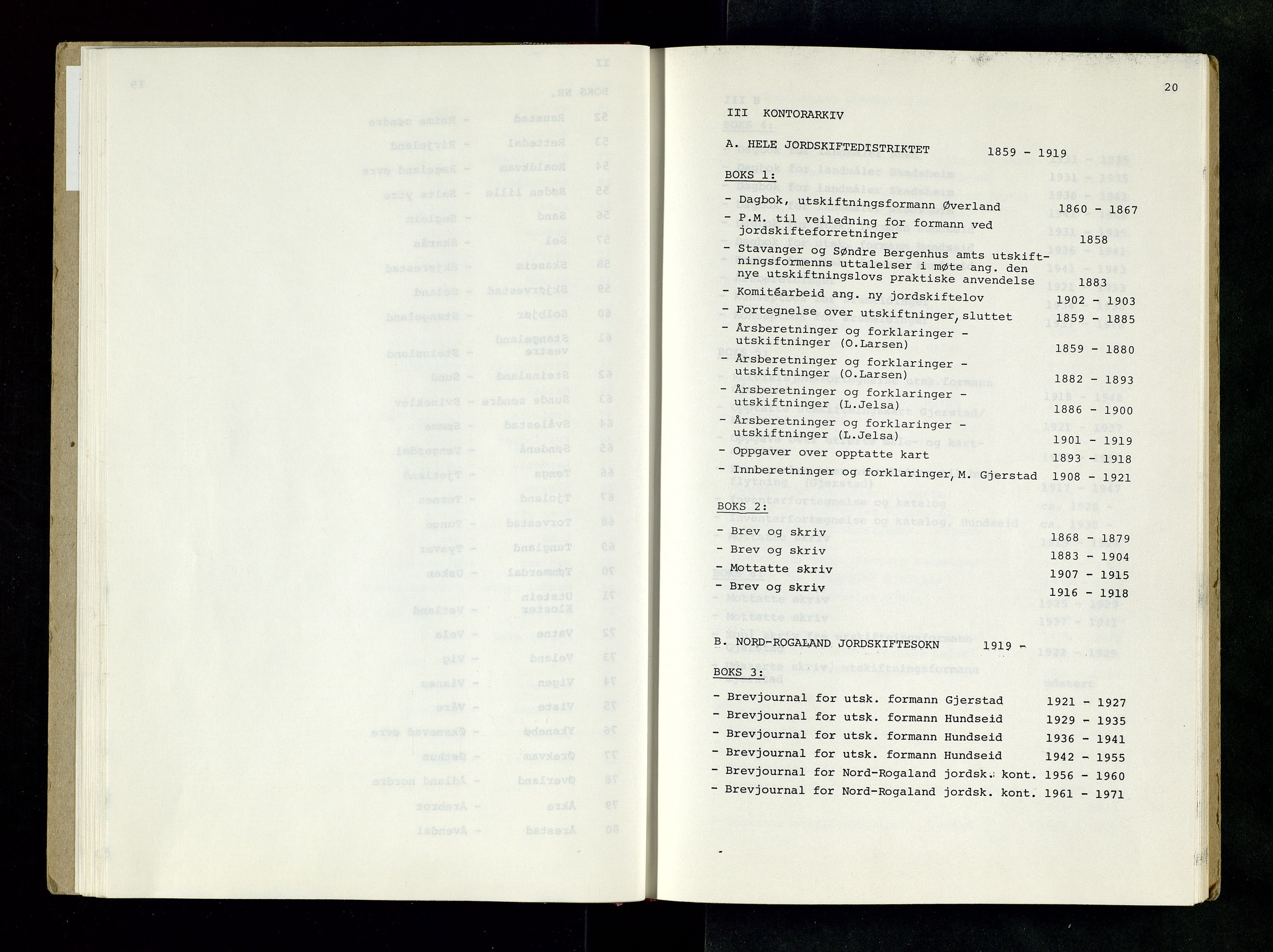 Rogaland jordskifterett, SAST/A-102426/Oaa/L0001: Katalog og register, 1859-1974, s. 20