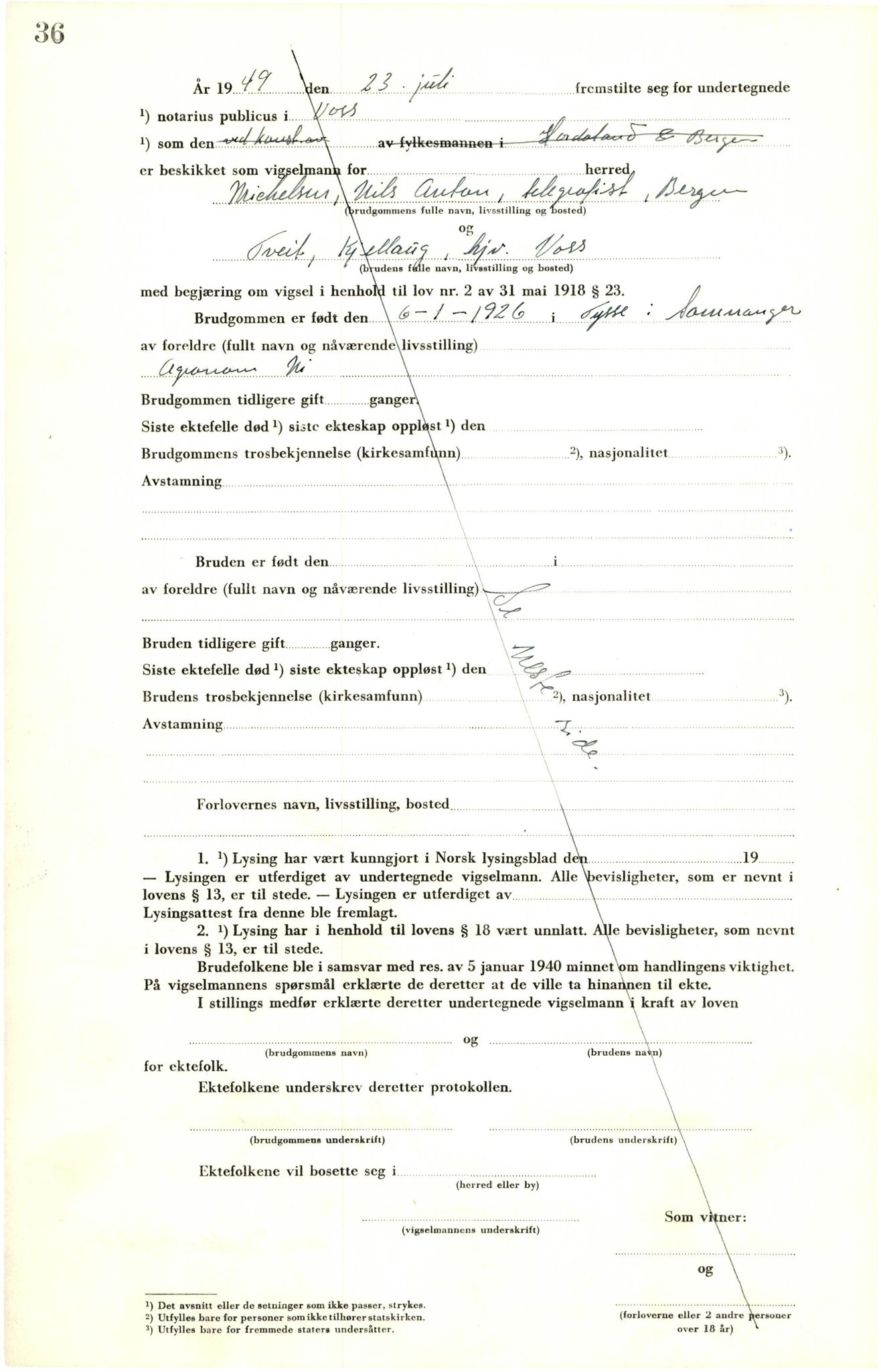Voss sorenskrivar, SAB/A-2701/M/Maa/L0003: Vigselbok, 1945-1969, s. 36