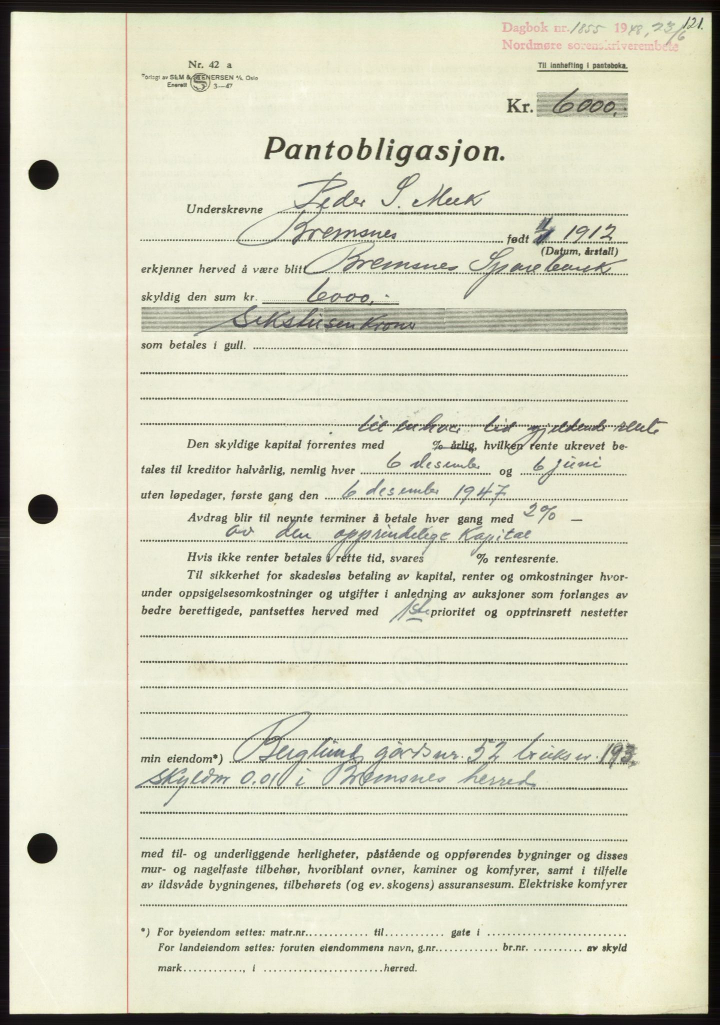 Nordmøre sorenskriveri, AV/SAT-A-4132/1/2/2Ca: Pantebok nr. B99, 1948-1948, Dagboknr: 1855/1948