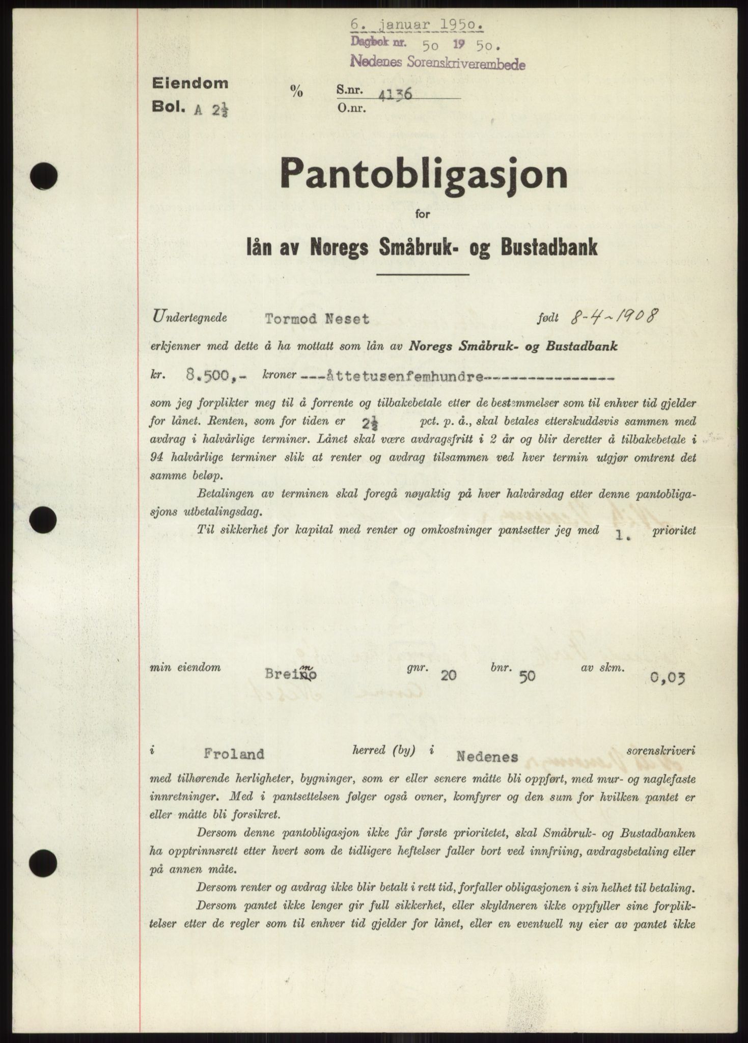 Nedenes sorenskriveri, AV/SAK-1221-0006/G/Gb/Gbb/L0007: Pantebok nr. B7, 1949-1950, Dagboknr: 50/1950