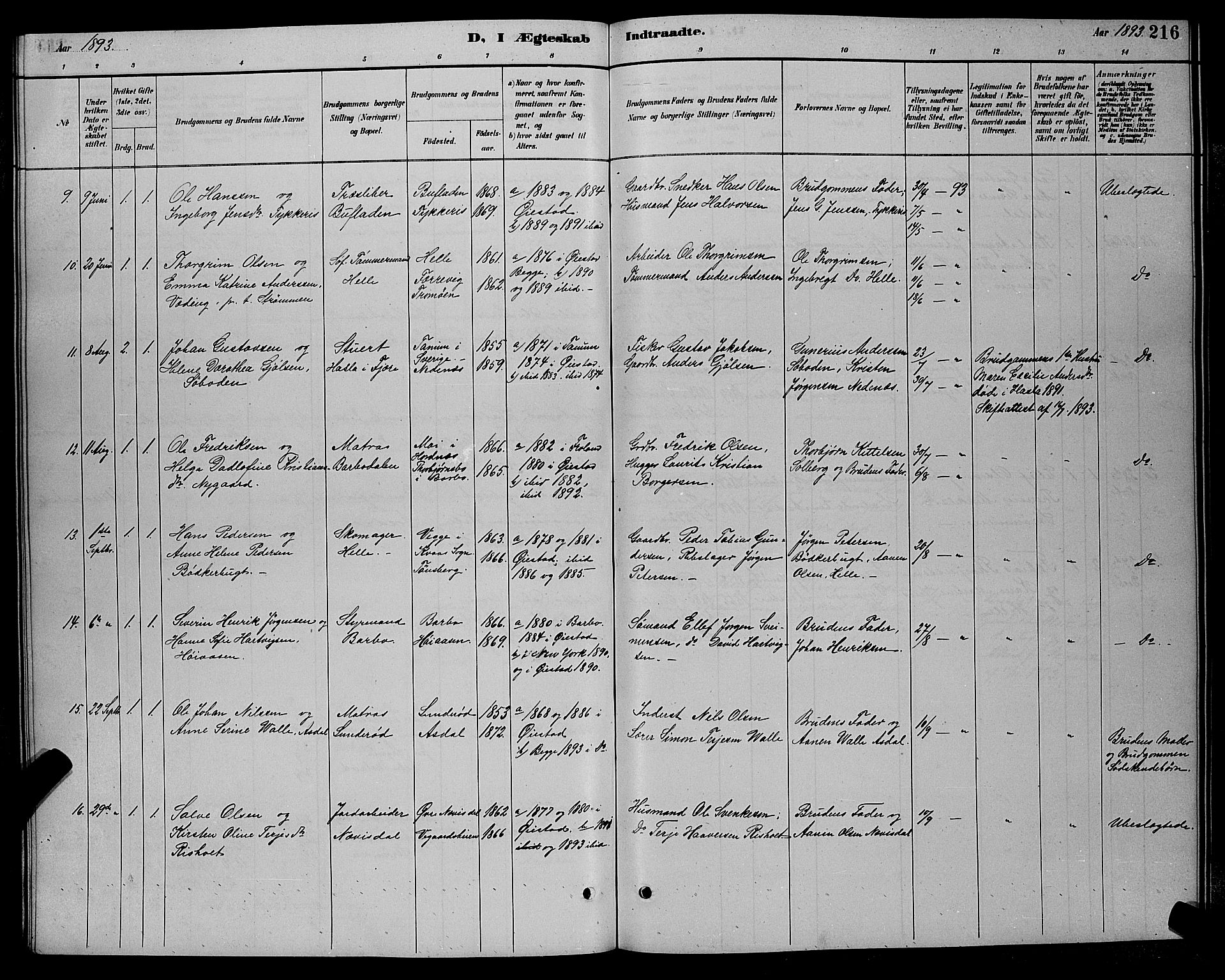 Øyestad sokneprestkontor, AV/SAK-1111-0049/F/Fb/L0009: Klokkerbok nr. B 9, 1886-1896, s. 216