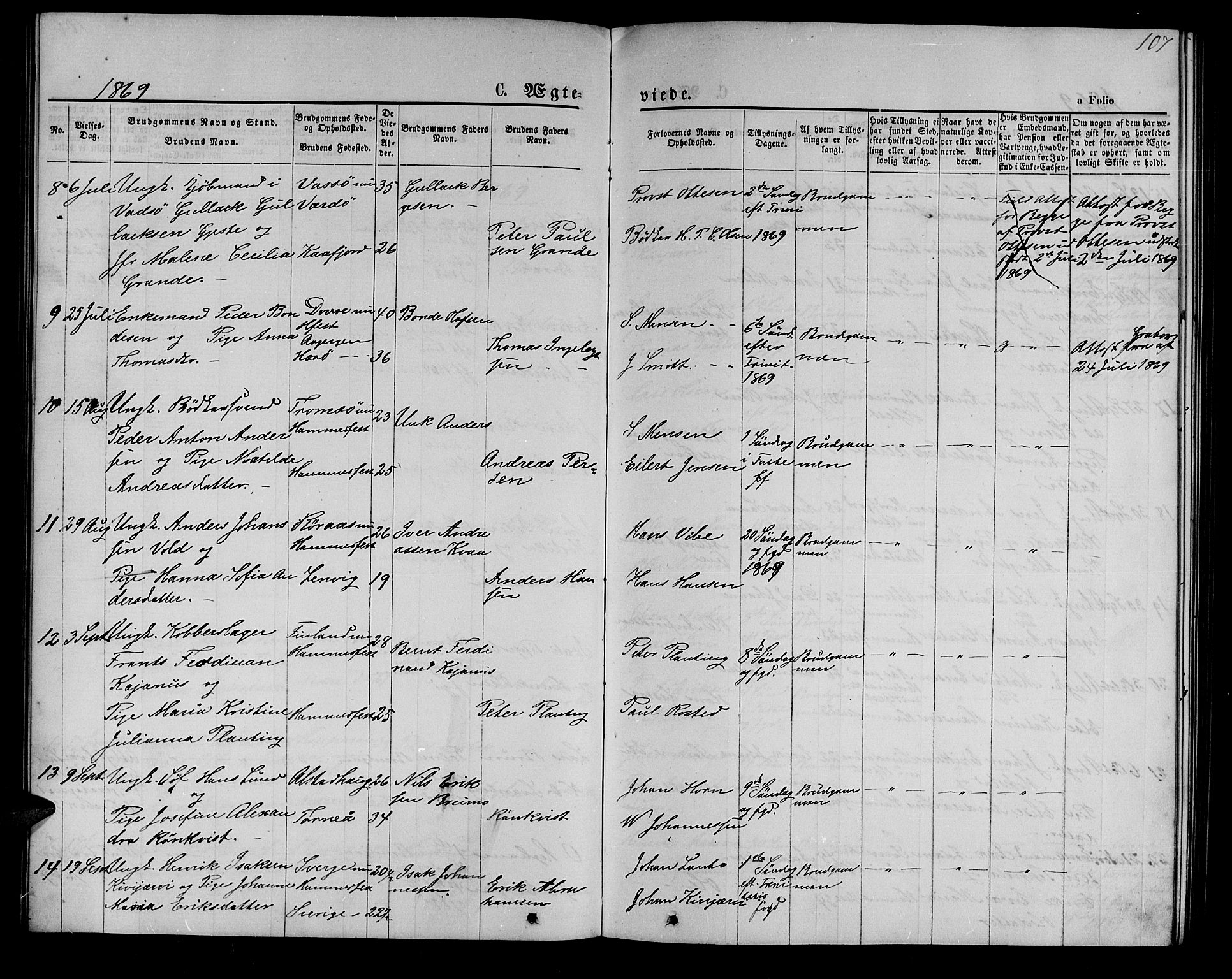 Hammerfest sokneprestkontor, SATØ/S-1347/H/Hb/L0004.klokk: Klokkerbok nr. 4, 1869-1877, s. 107