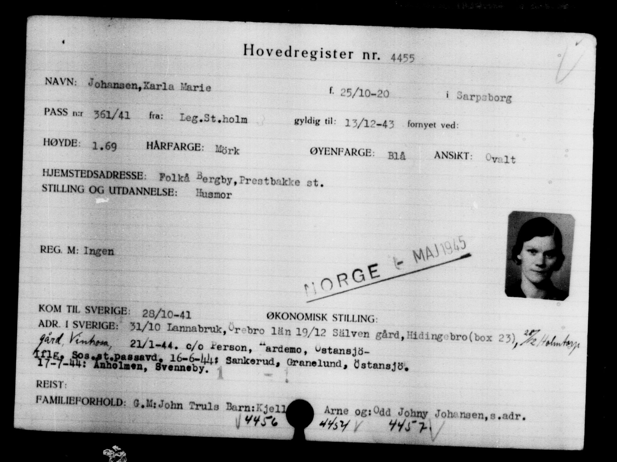 Utenriksstasjonene, Legasjonen i Stockholm, Flyktningkontoret, AV/RA-S-6753/V/Va/L0004: Kjesäterkartoteket, flyktninger med registreringsnr. 3496-6610, 1940-1945, s. 1159