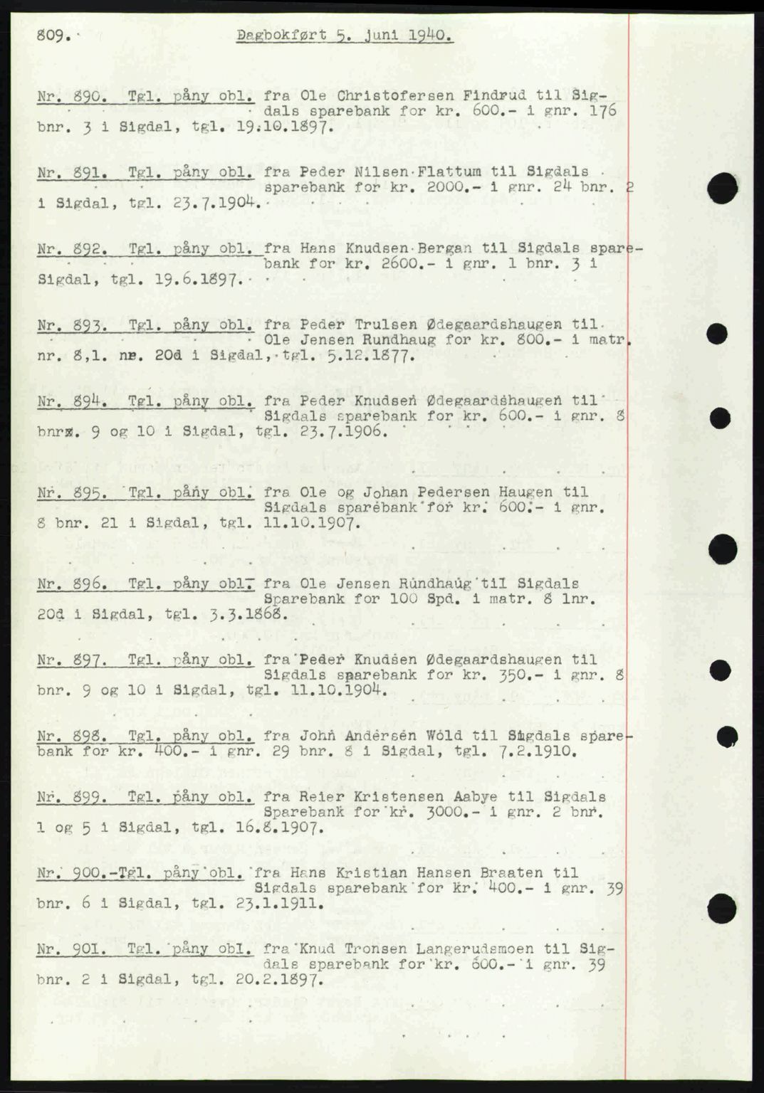 Eiker, Modum og Sigdal sorenskriveri, SAKO/A-123/G/Ga/Gab/L0041: Pantebok nr. A11, 1939-1940, Dagboknr: 890/1940