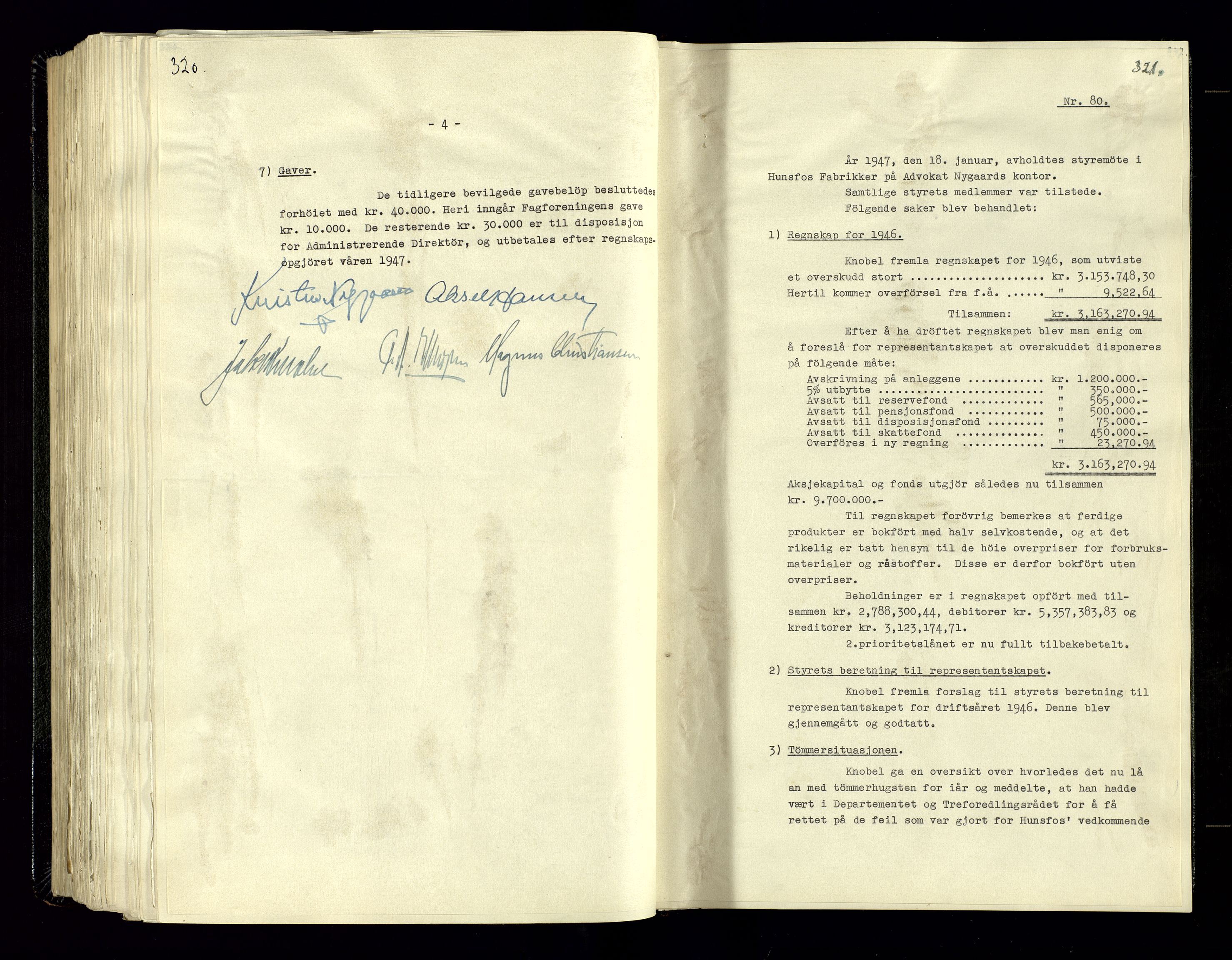Hunsfos fabrikker, SAK/D/1440/02/L0006: Referatprotokoll fra styremøter, 1938-1950, s. 320-321