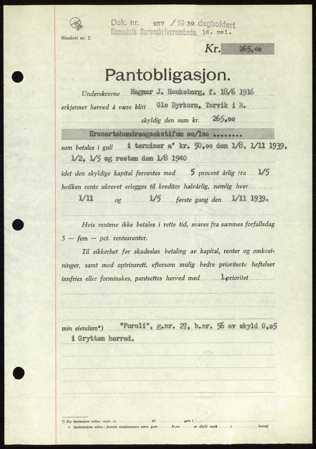 Romsdal sorenskriveri, SAT/A-4149/1/2/2C: Pantebok nr. B1, 1936-1939, Dagboknr: 937/1939
