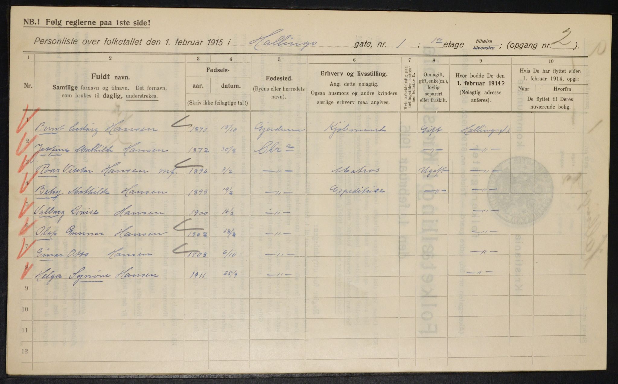 OBA, Kommunal folketelling 1.2.1915 for Kristiania, 1915, s. 33647