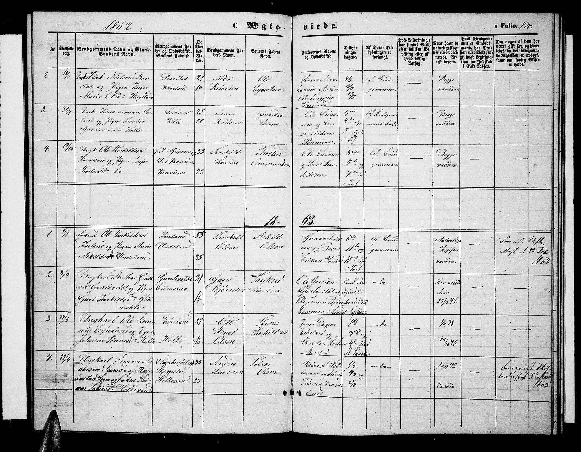 Nord-Audnedal sokneprestkontor, SAK/1111-0032/F/Fb/Fba/L0002: Klokkerbok nr. B 2, 1856-1882, s. 154