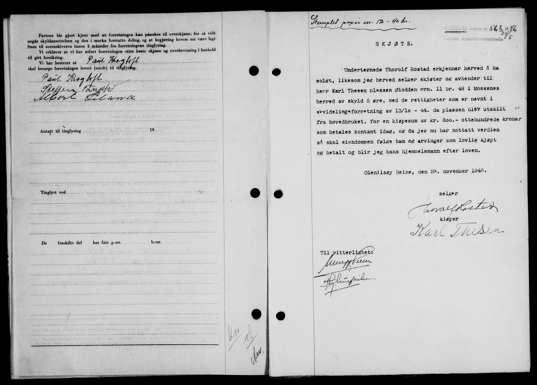 Lofoten sorenskriveri, SAT/A-0017/1/2/2C/L0014a: Pantebok nr. 14a, 1946-1946, Dagboknr: 563/1946