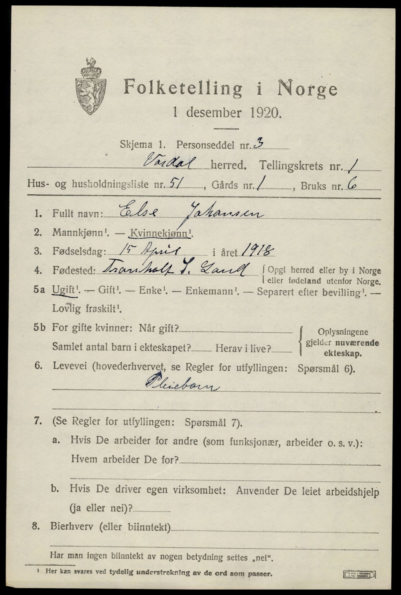 SAH, Folketelling 1920 for 0527 Vardal herred, 1920, s. 2439