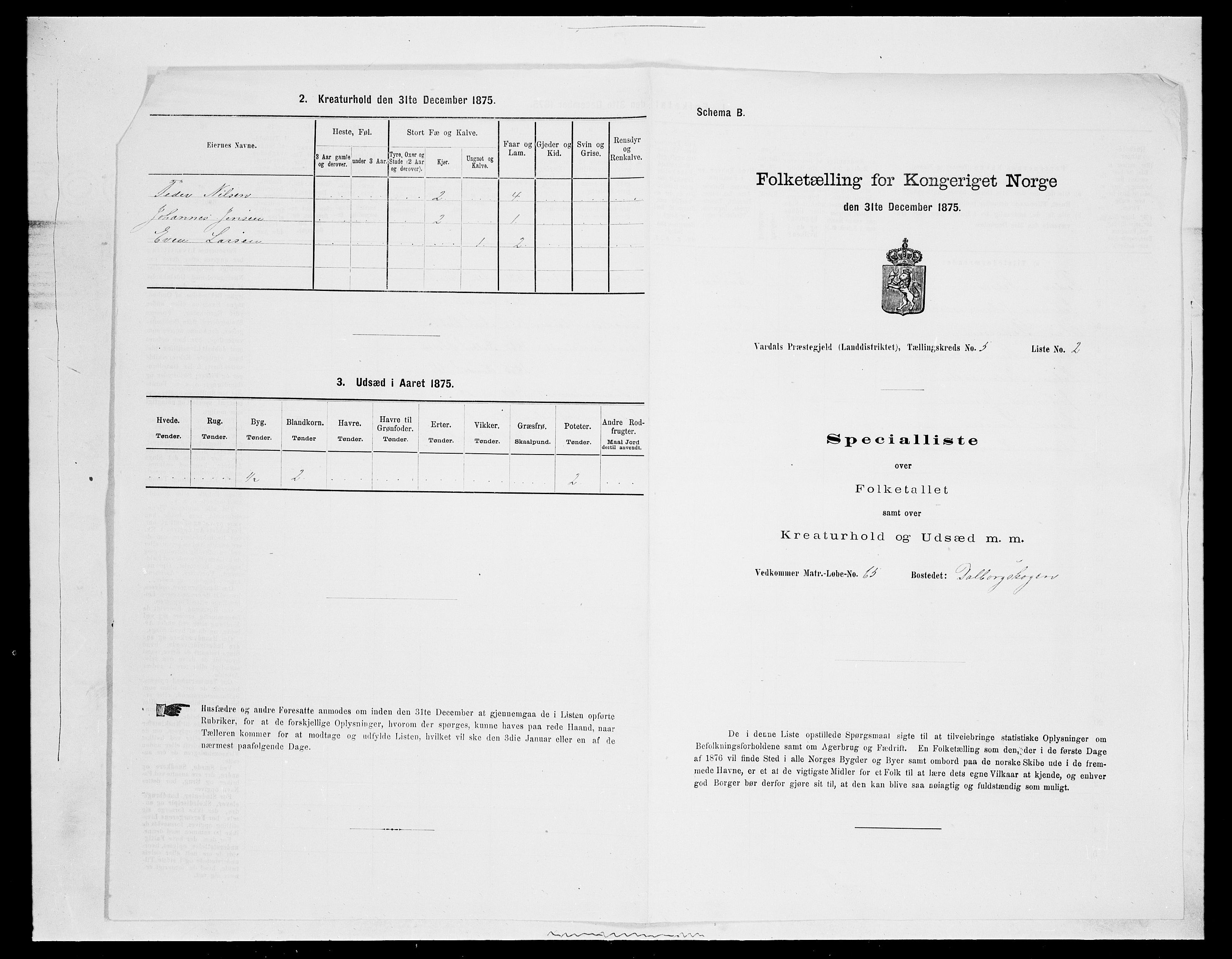 SAH, Folketelling 1875 for 0527L Vardal prestegjeld, Vardal sokn og Hunn sokn, 1875, s. 719