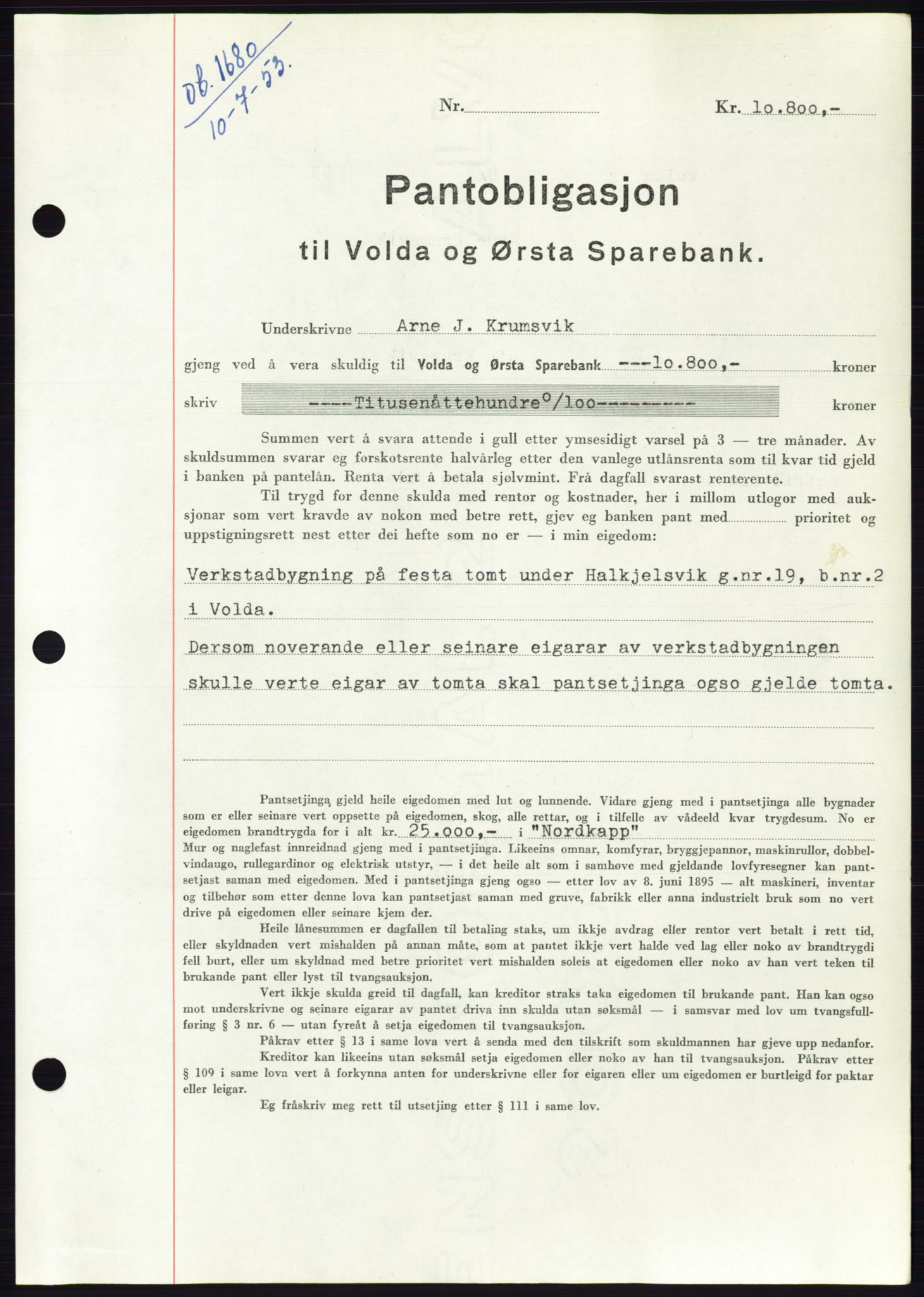 Søre Sunnmøre sorenskriveri, SAT/A-4122/1/2/2C/L0123: Pantebok nr. 11B, 1953-1953, Dagboknr: 1680/1953