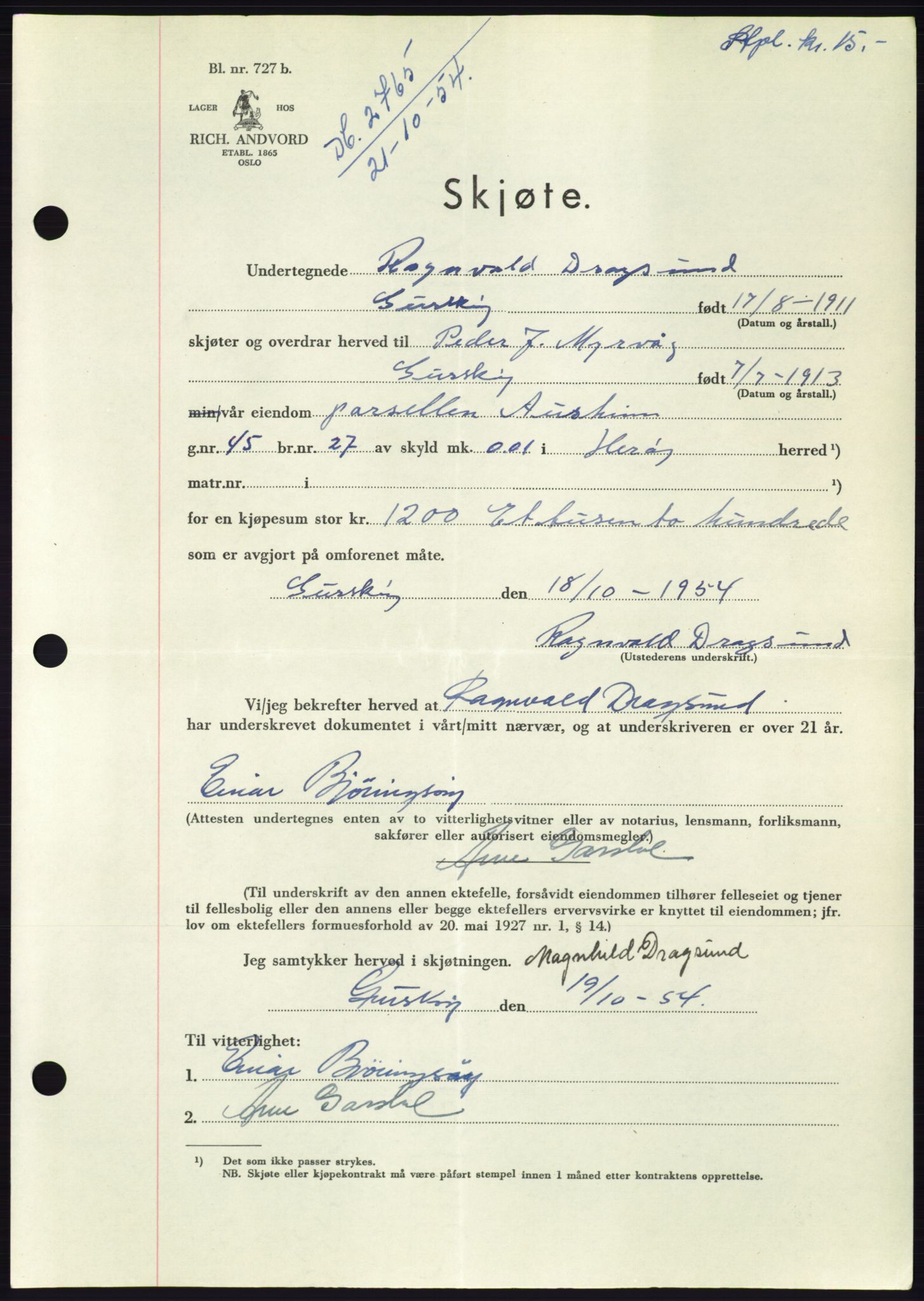 Søre Sunnmøre sorenskriveri, AV/SAT-A-4122/1/2/2C/L0099: Pantebok nr. 25A, 1954-1954, Dagboknr: 2765/1954