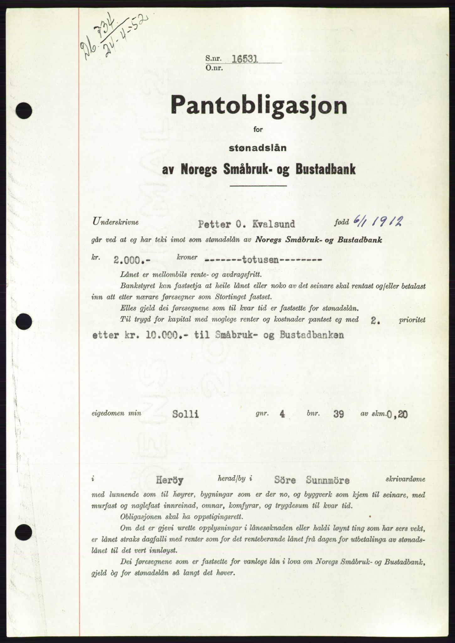 Søre Sunnmøre sorenskriveri, AV/SAT-A-4122/1/2/2C/L0121: Pantebok nr. 9B, 1951-1952, Dagboknr: 734/1952