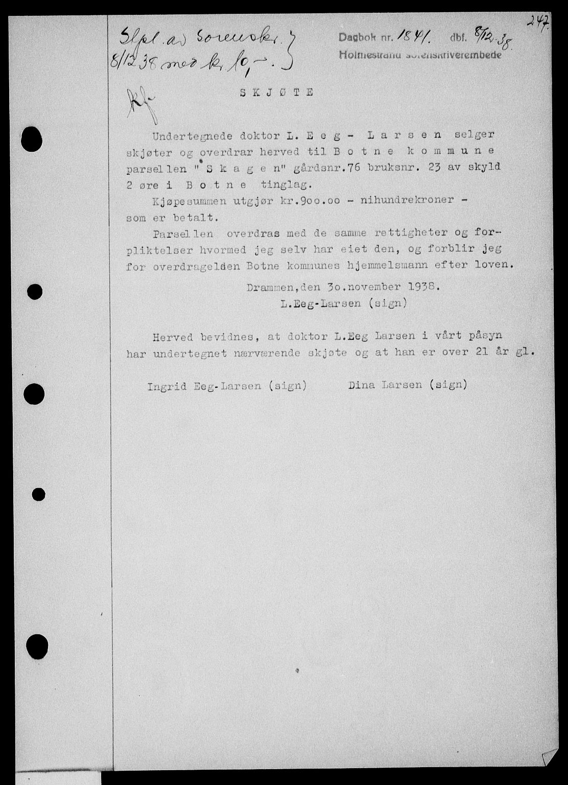 Holmestrand sorenskriveri, SAKO/A-67/G/Ga/Gaa/L0050: Pantebok nr. A-50, 1938-1939, Dagboknr: 1841/1938