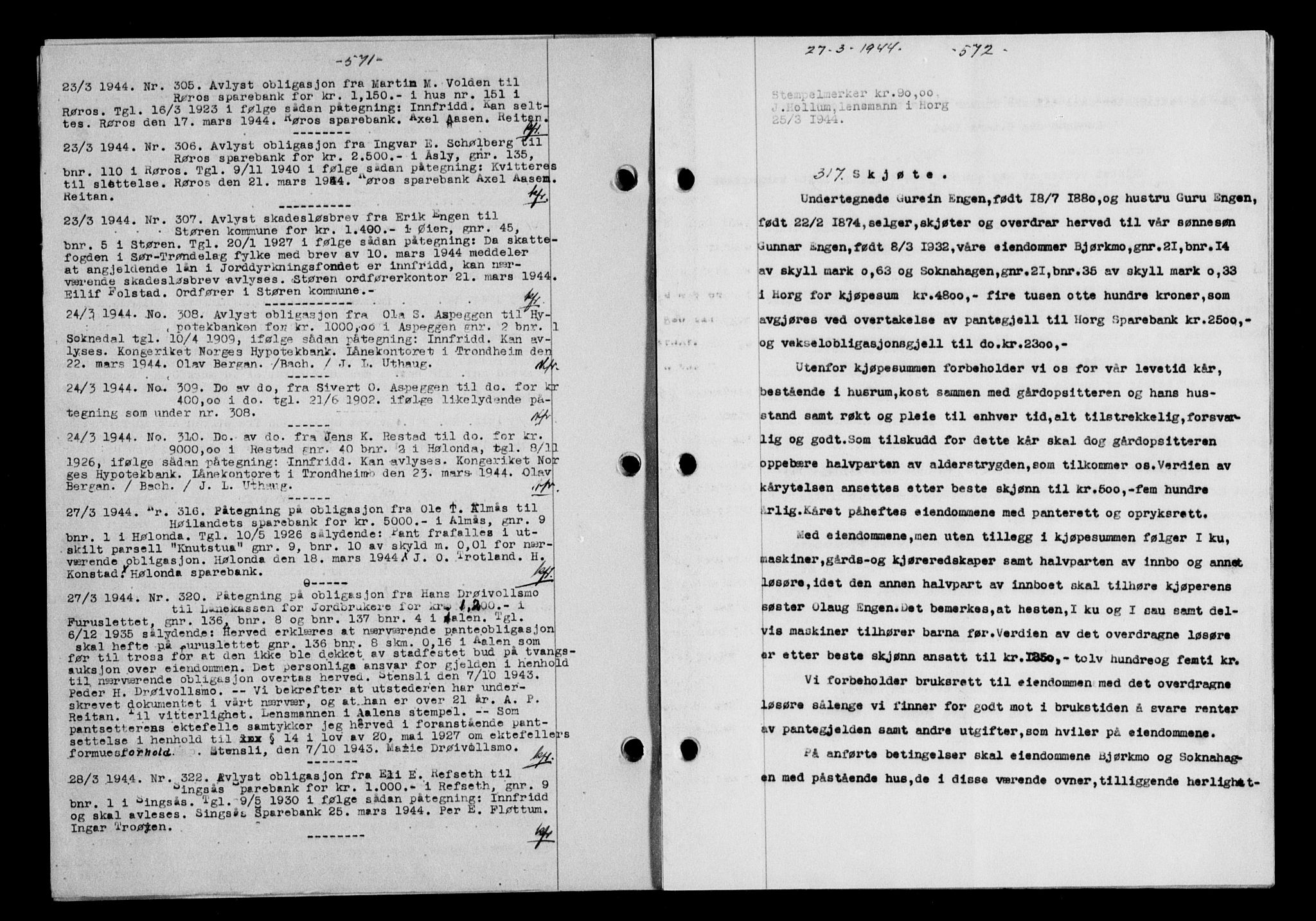 Gauldal sorenskriveri, SAT/A-0014/1/2/2C/L0057: Pantebok nr. 62, 1943-1944, Dagboknr: 317/1944